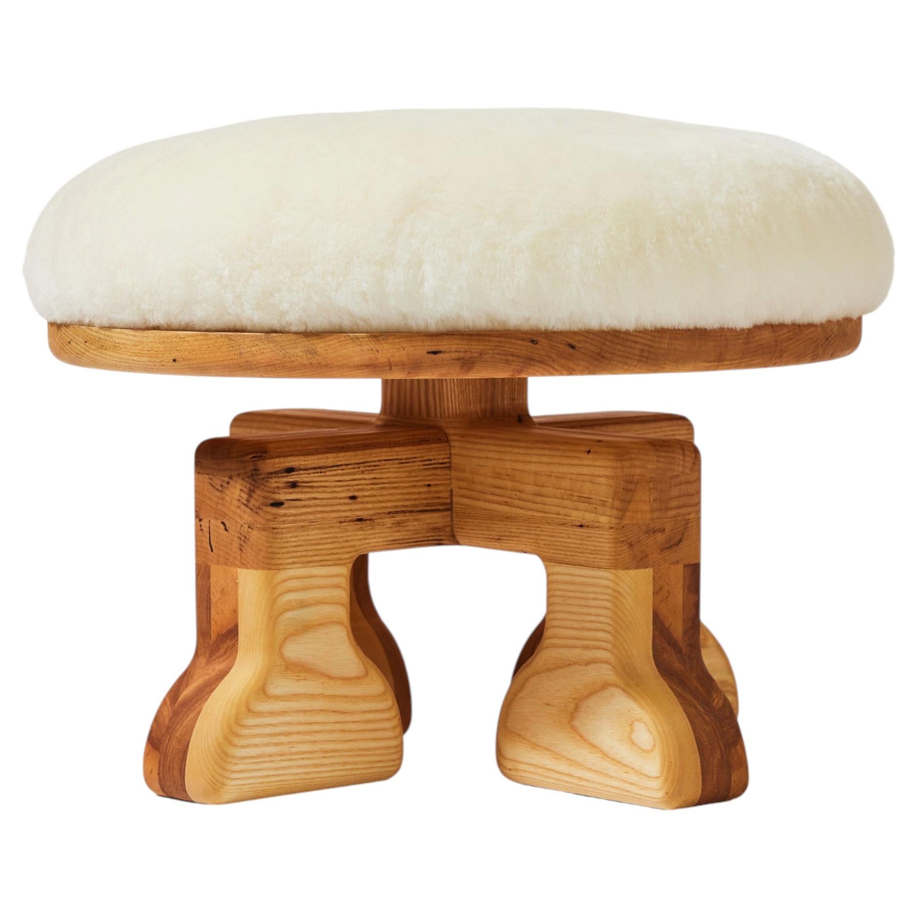 Handcrafted Ash Wood Stool (Natural Ash) with Plush Shearling (White) Seat
