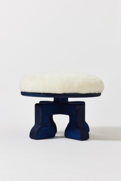 Handcrafted Ash Wood Footstool with Shearling Seat, The Muffin Man (Navy), USA