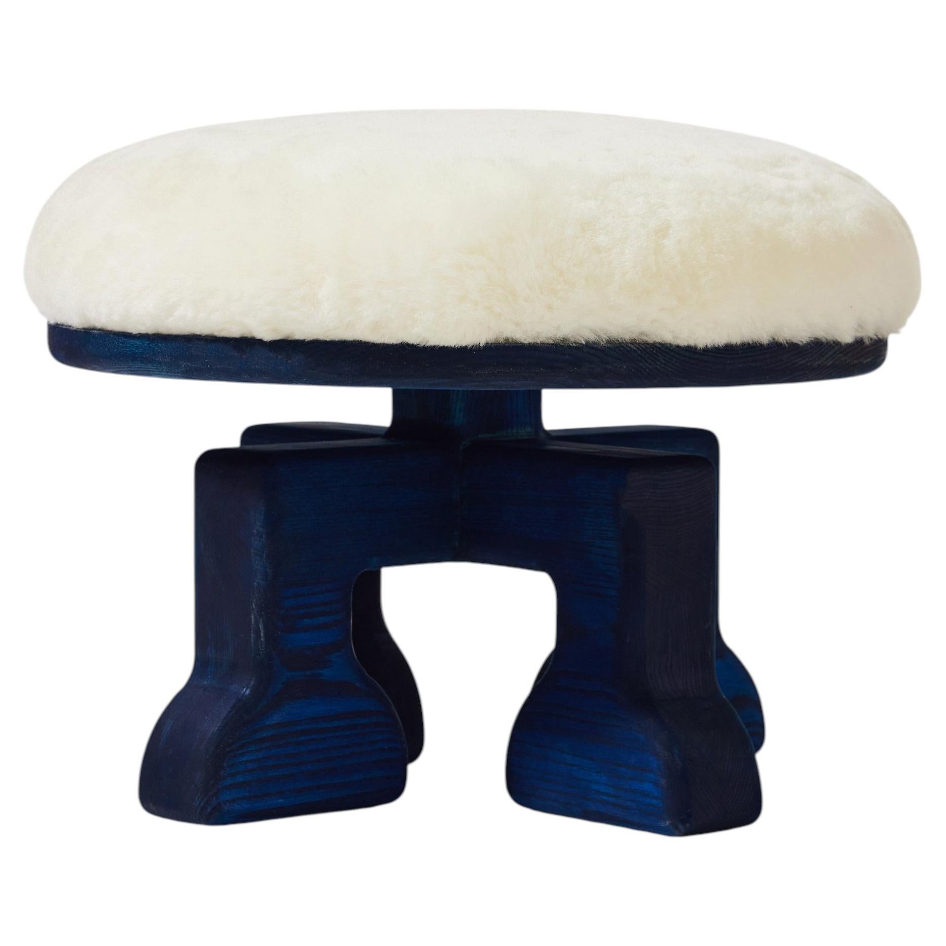 Handcrafted Ash Wood Footstool w/ Shearling (White) Seat, The Muffin Man (Navy) For Sale
