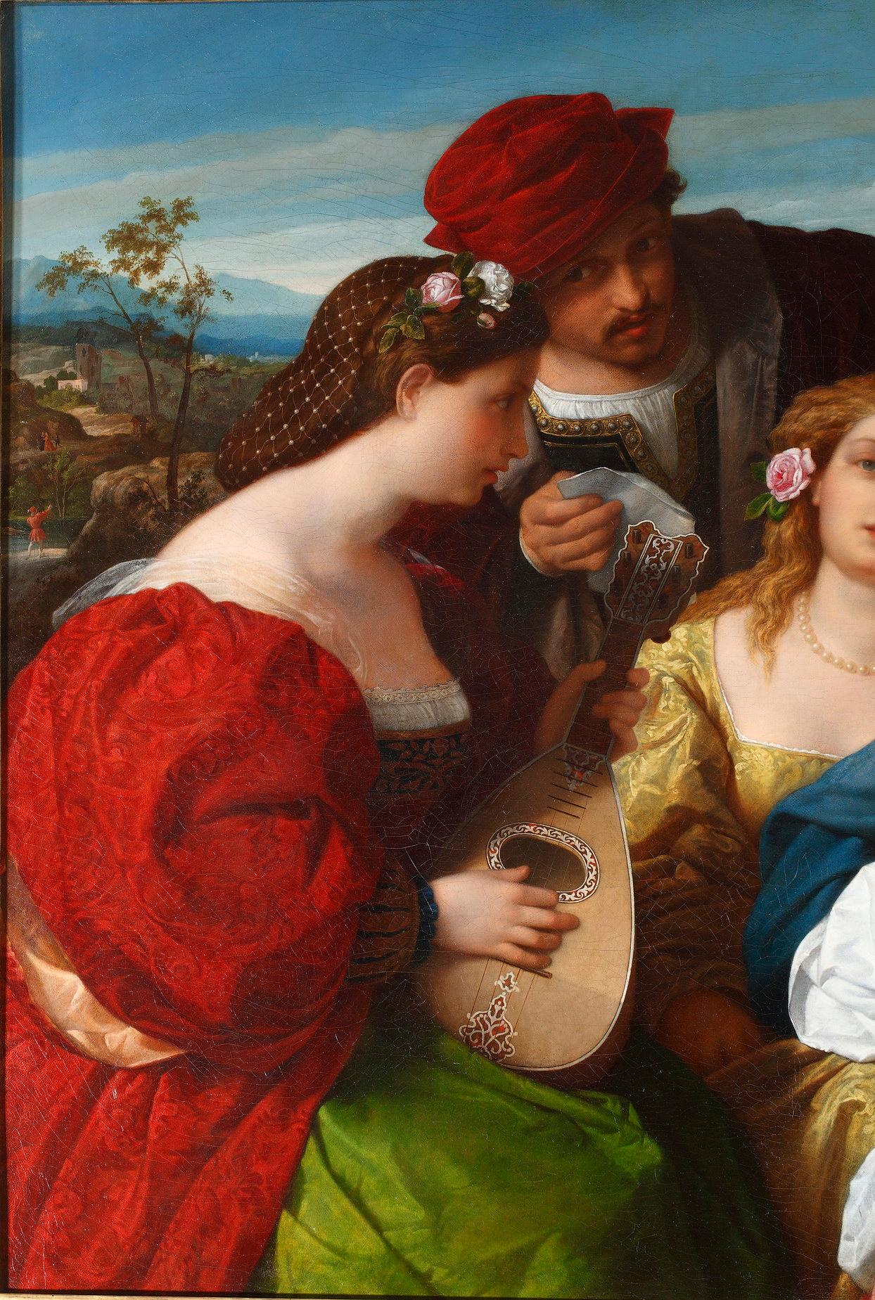 Important painting representing a music lesson, composed of a group of three elegantly dressed ladies, listening to a musician playing the lute and accompanied on vocals by a man hold a musical score in hand.

The artist’s genre scenes are
