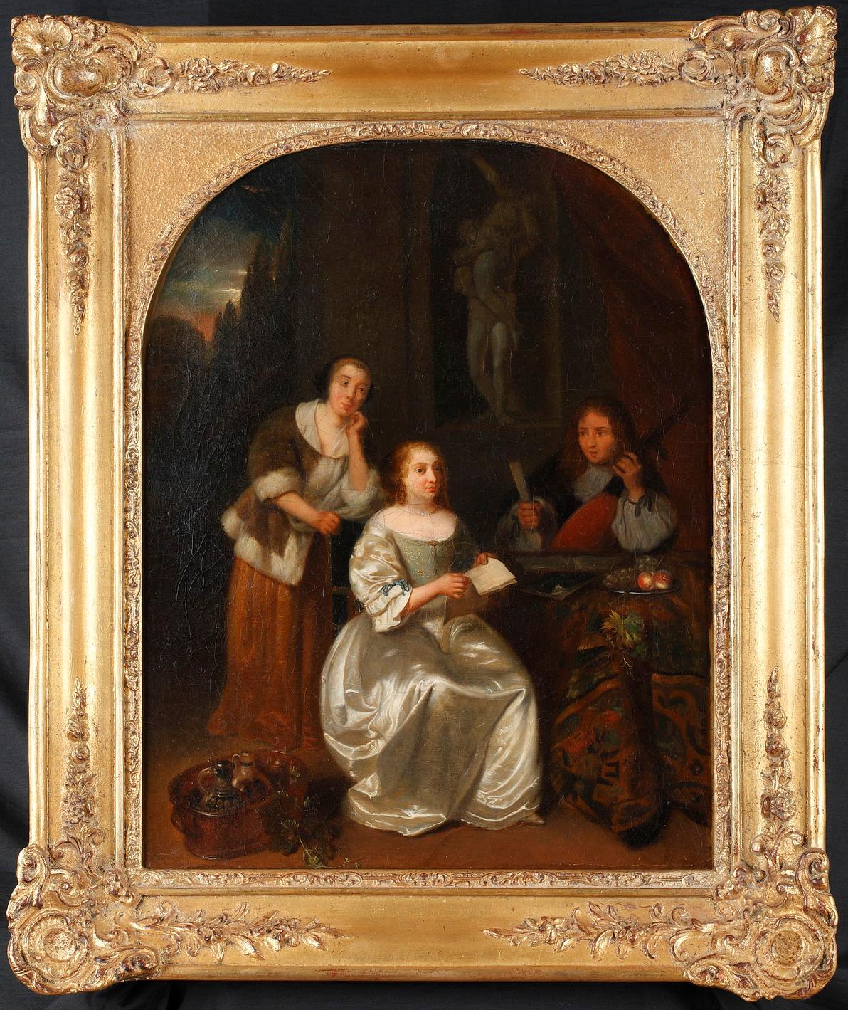 Charming pair of paintings representing young women in well-off interiors during their music lesson, one illustrating a singing lesson and the other a Cello lesson.

The theme of the music lesson, abundantly represented since the 17th century in