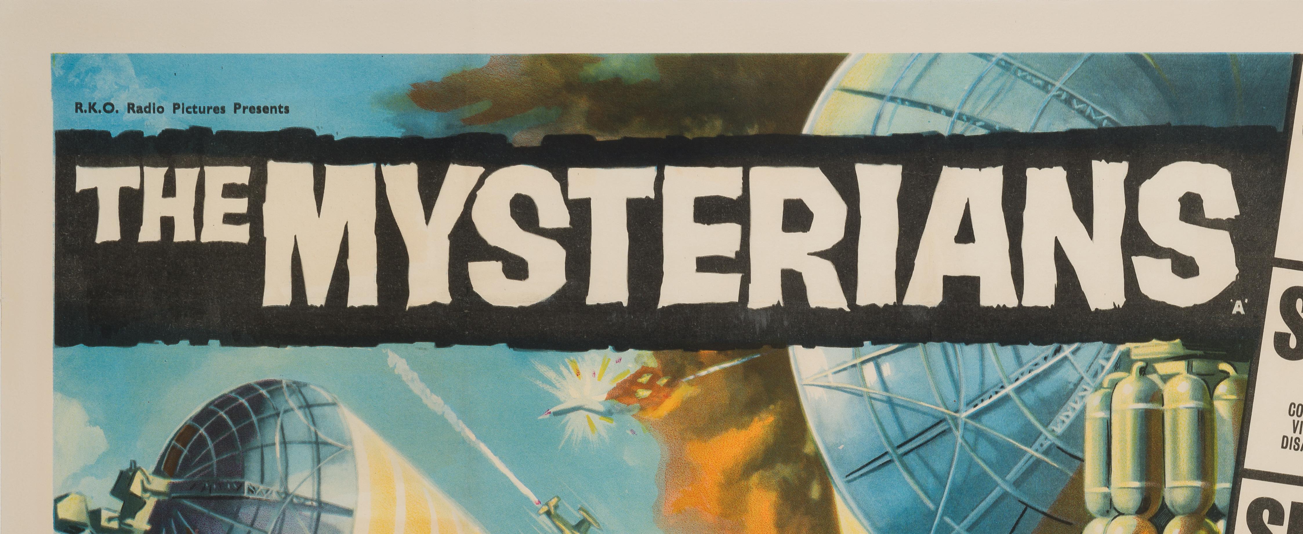 The very rare vintage British movie poster for Ishiro Honda's 1950s Toho film, The Mysterians. Marvelous artwork!

Professionally cleaned, de-acidified and linen-backed. Actual size 30 x 40 inches (31 x 41 inches including the linen-backing). Will