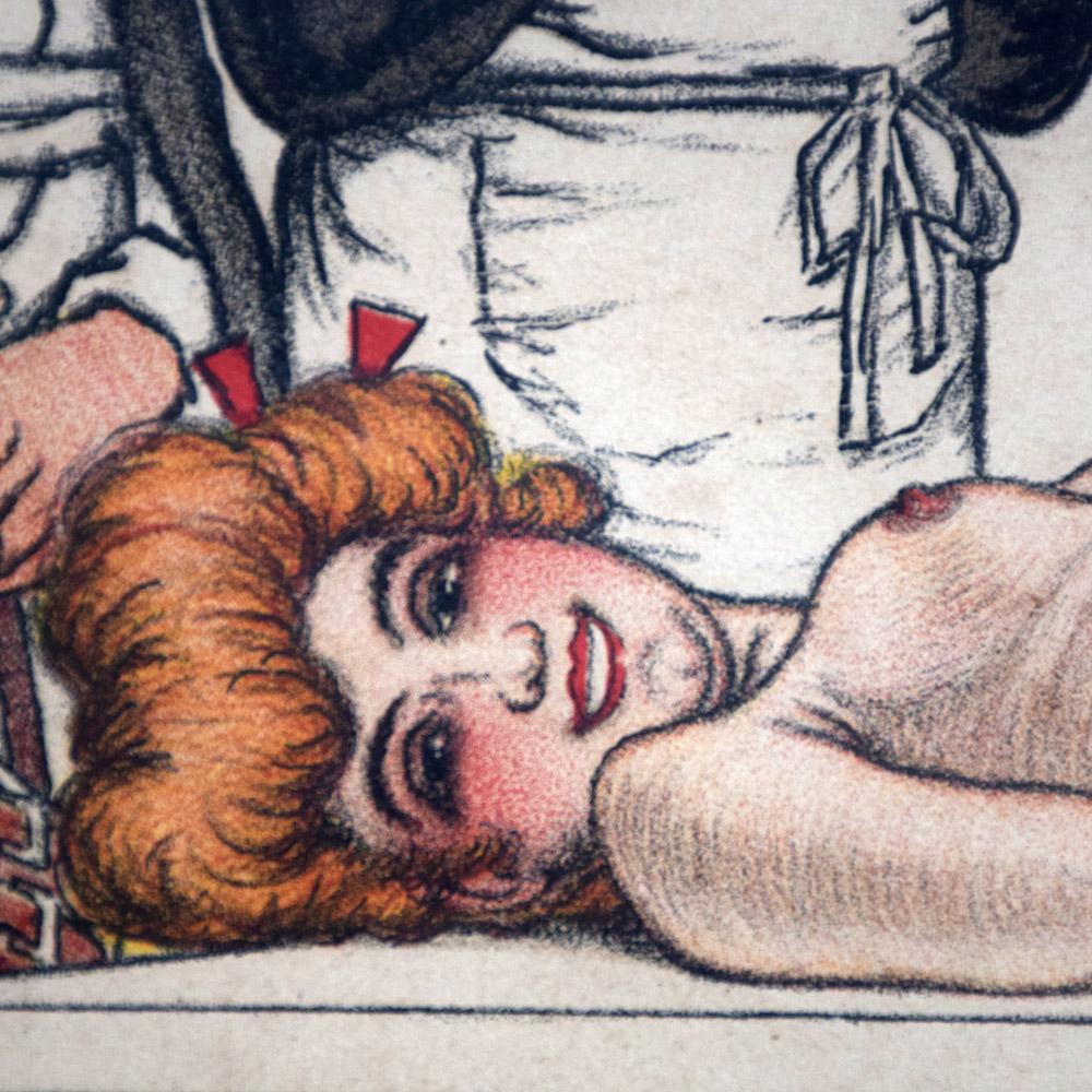 The Naked Lady by Adrien Barrere, circa 1905
This lot is a rare set of original lithographs prints by Adrien Barrere entitled (The Naked Lady) These Lithographs are in their original glass frames. These lithographs by French Art Nouveau caricature