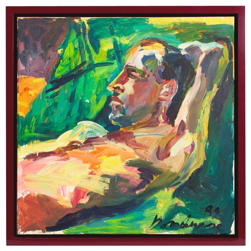 Portrait of a man laying in a garden.
Beautiful combination of bright colors: greens, yellows, orange, ochre with red and blue touches.
Oil on canvas with texture.
Frame in lacquered purple.
Dimensions with frame: 88 x 88 x 6 cm.
Signed Luc
