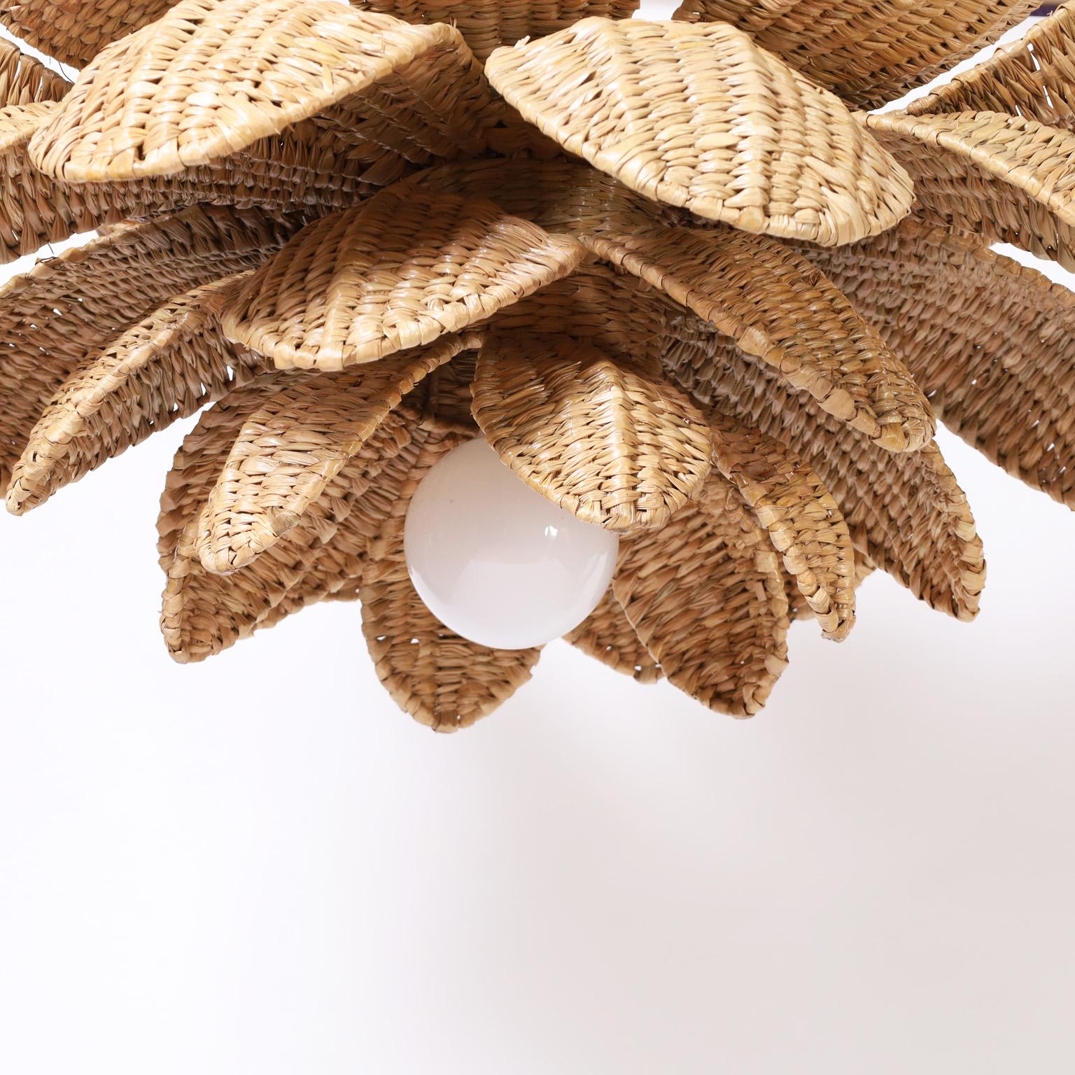 Hand-Woven Nassau Wicker Lotus Light Fixture or Pendant from the Flores Collection For Sale