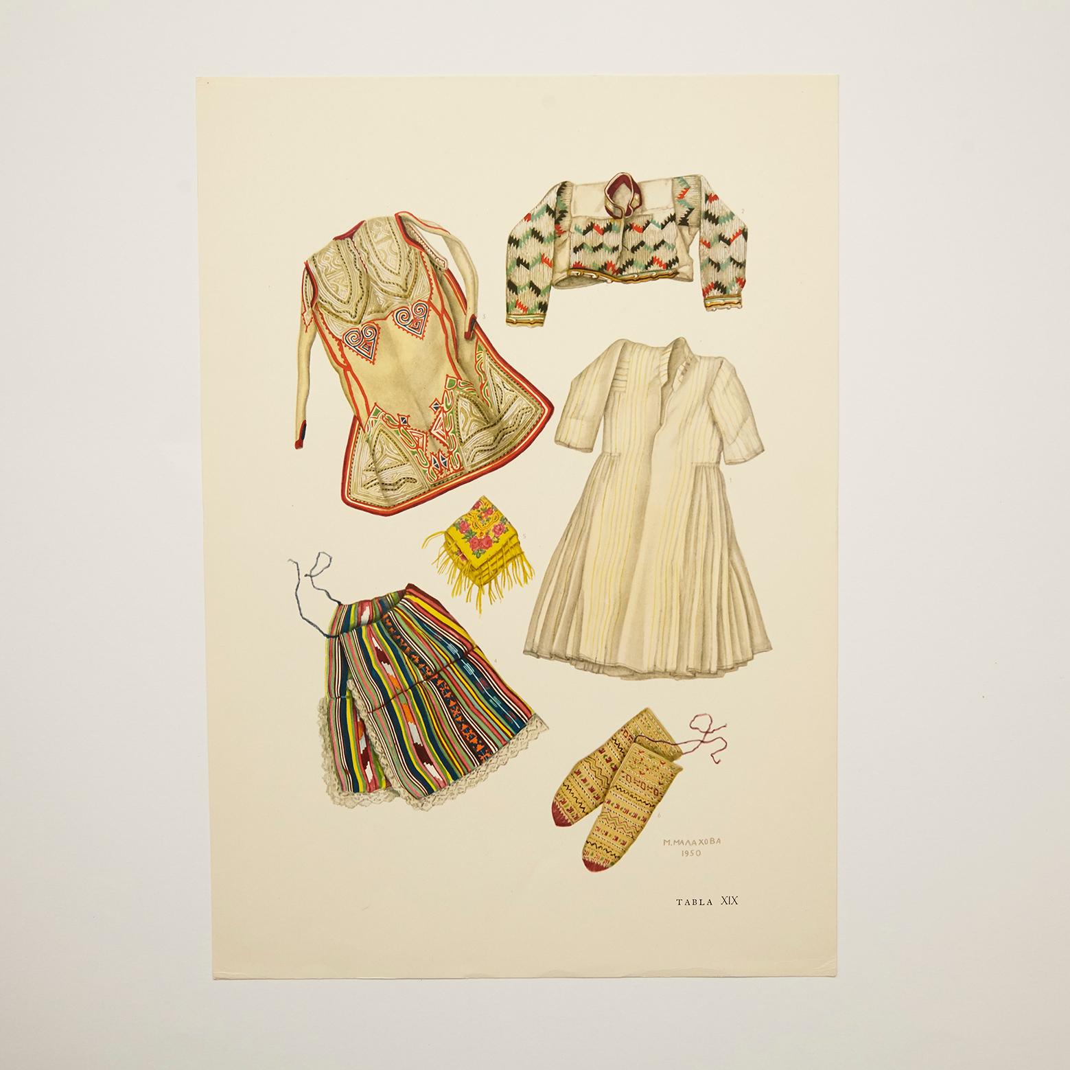 The National dresses of Macedonia illustrated by Marija Malahova and Olga Benson.

Drawing in plate, 1963.
 
Size: 48.2 x 33.8 cm

In original condition, with minor wear consistent with age and use, preserving a beautiful patina.