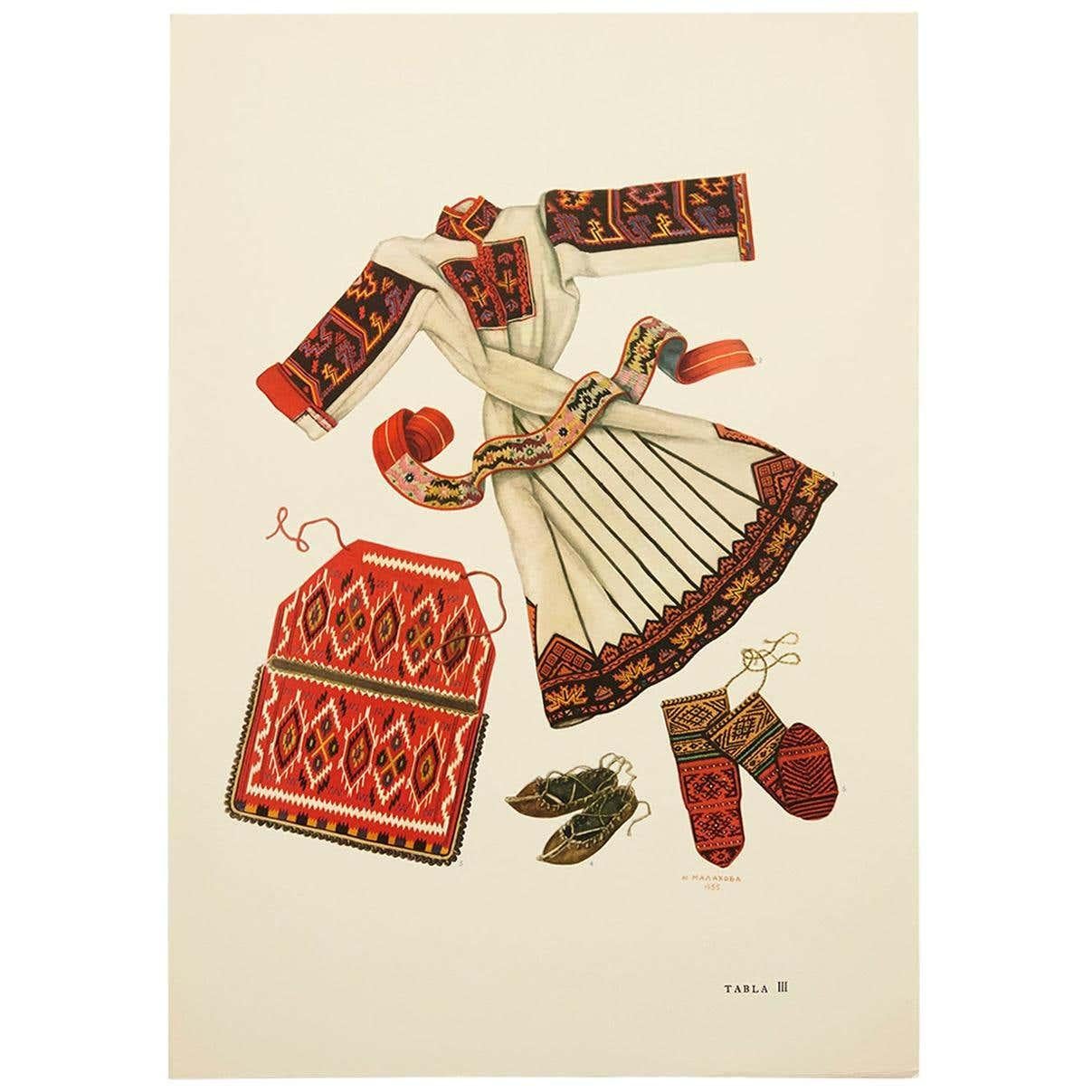 Mid-20th Century The National Dresses of Macedonia Illustrated Drawing in Plate, 1963