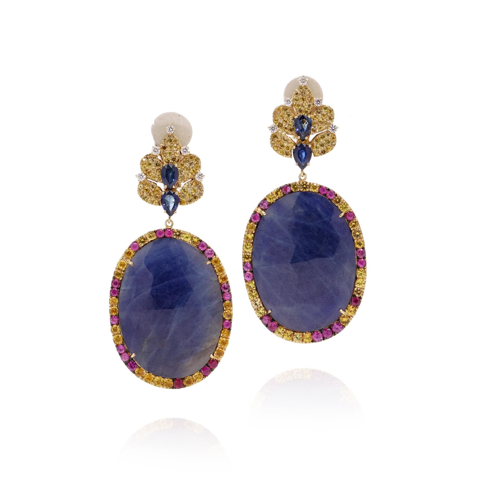 Brilliant Cut The Natural Blue, Pink and Yellow Sapphire and diamond dangle earrings For Sale