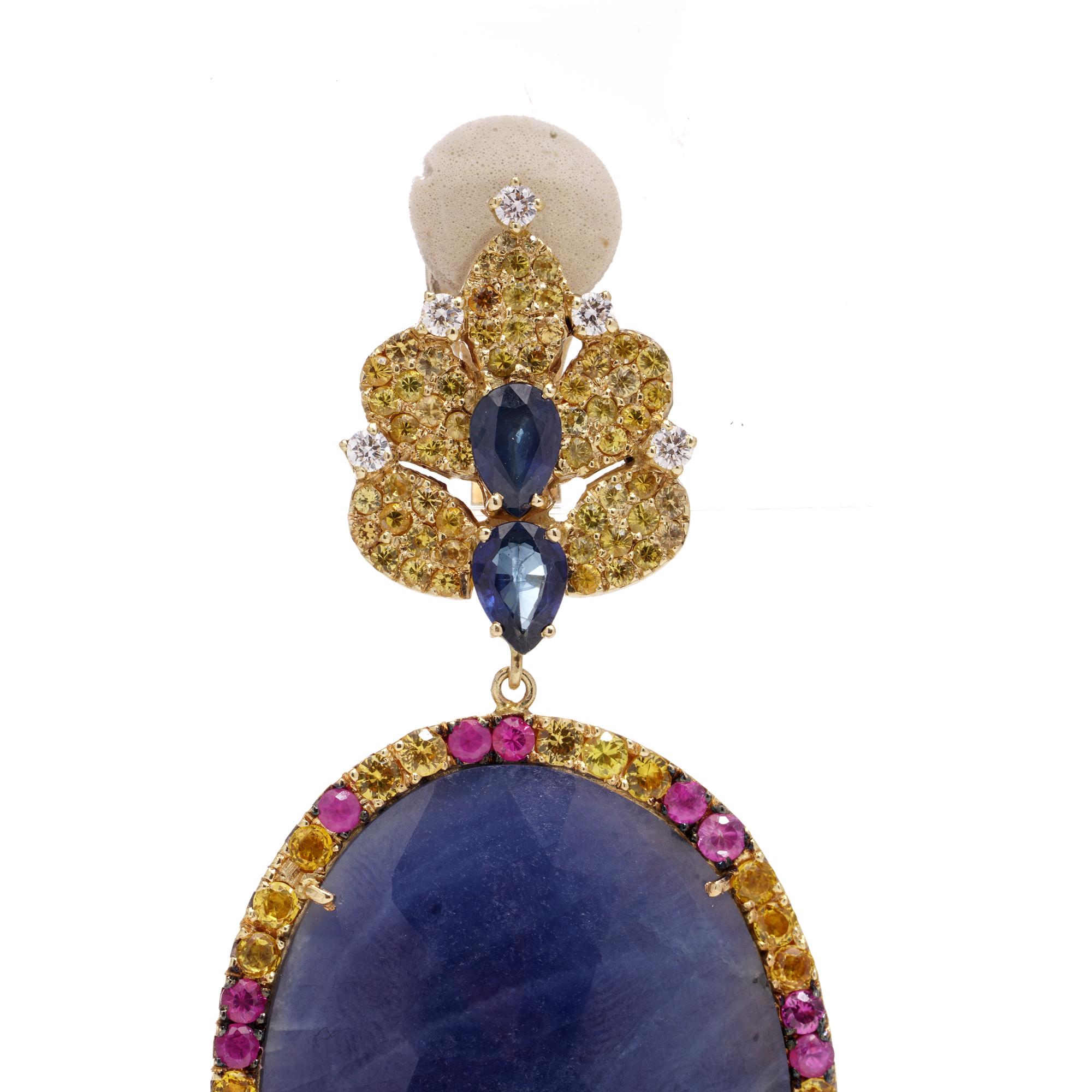 The Natural Blue, Pink and Yellow Sapphire and diamond dangle earrings In Excellent Condition For Sale In Braintree, GB