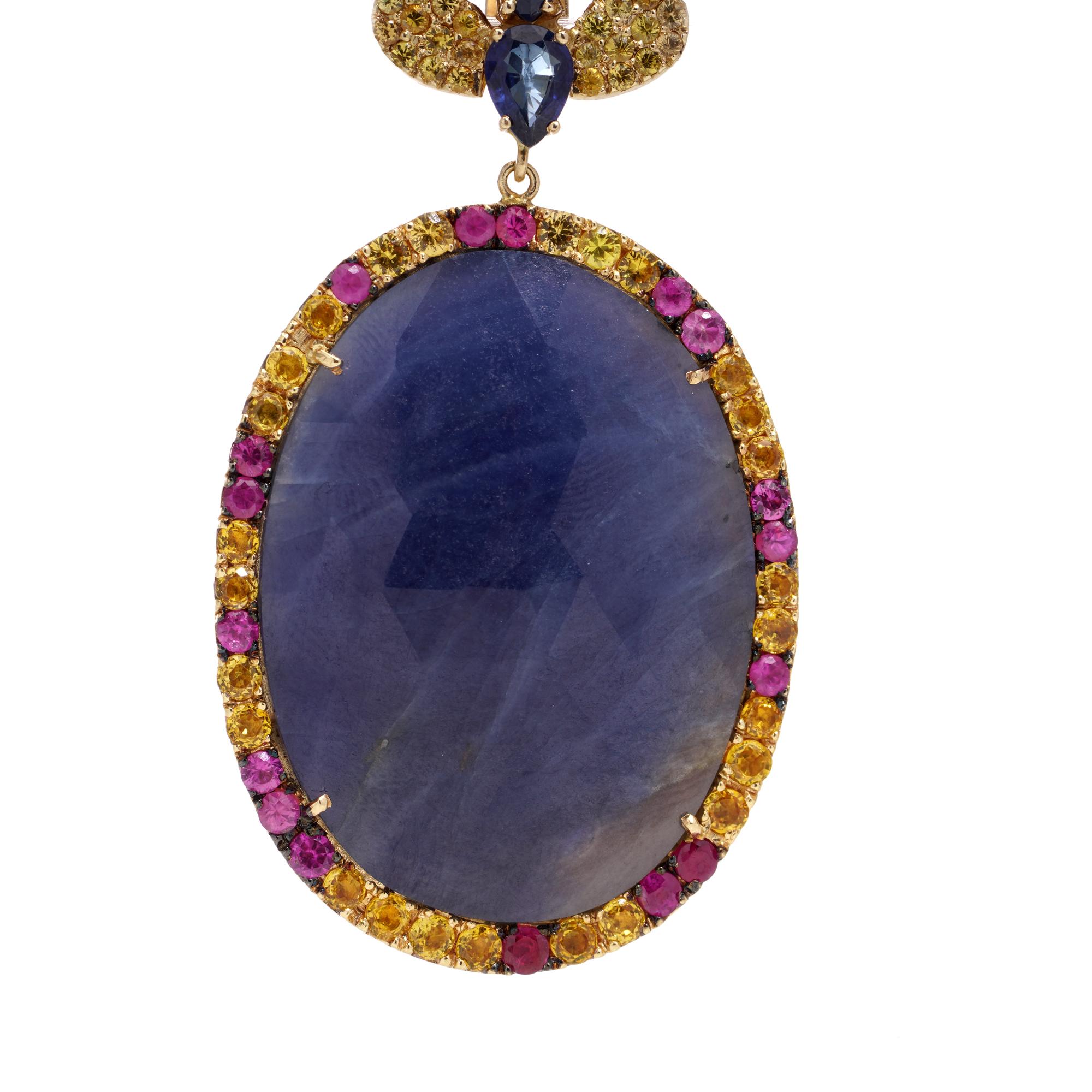 Women's or Men's The Natural Blue, Pink and Yellow Sapphire and diamond dangle earrings For Sale