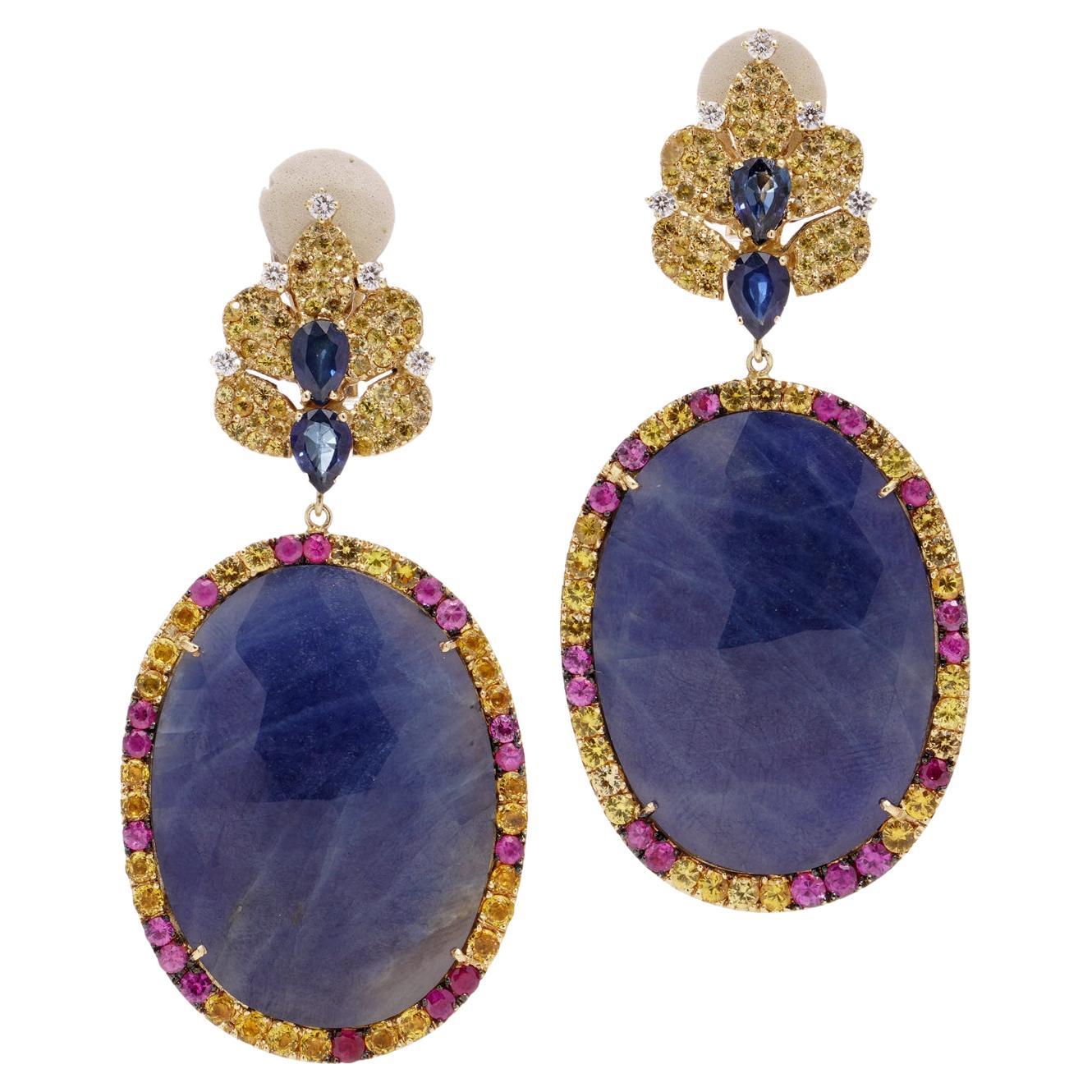 The Natural Blue, Pink and Yellow Sapphire and diamond dangle earrings For Sale