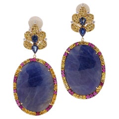 The Natural Blue, Pink and Yellow Sapphire and diamond dangle earrings