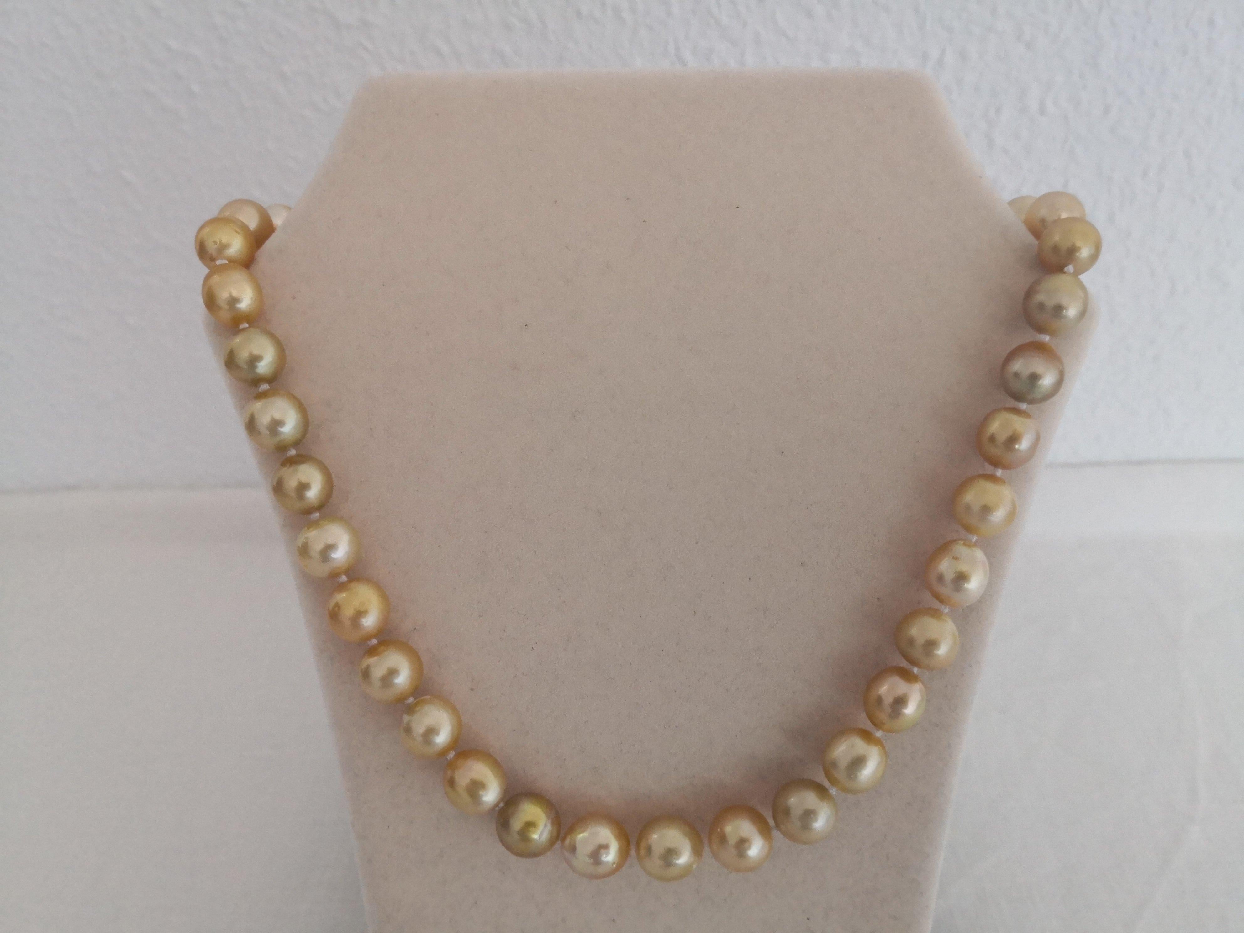 A Natural Color South Sea Pearls necklace

- Size of Pearls 9-10 mm of diameter

- Pearls from Pinctada Maxima Oyster

- Origin: Indonesia ocean waters

- Natural Deep Golden Color

- High Natural luster and Orient

- Pearls of semi-round shape

-