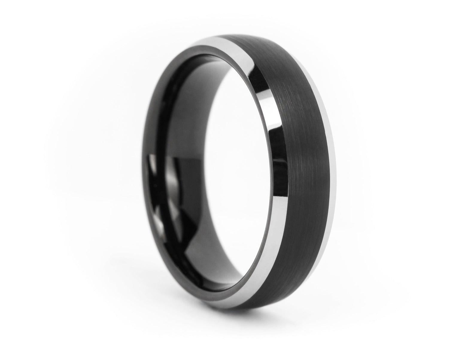 For Sale:  Navarro, Two-Toned Black Tungsten Beveled Edge Comfort Fit Wedding Band 5