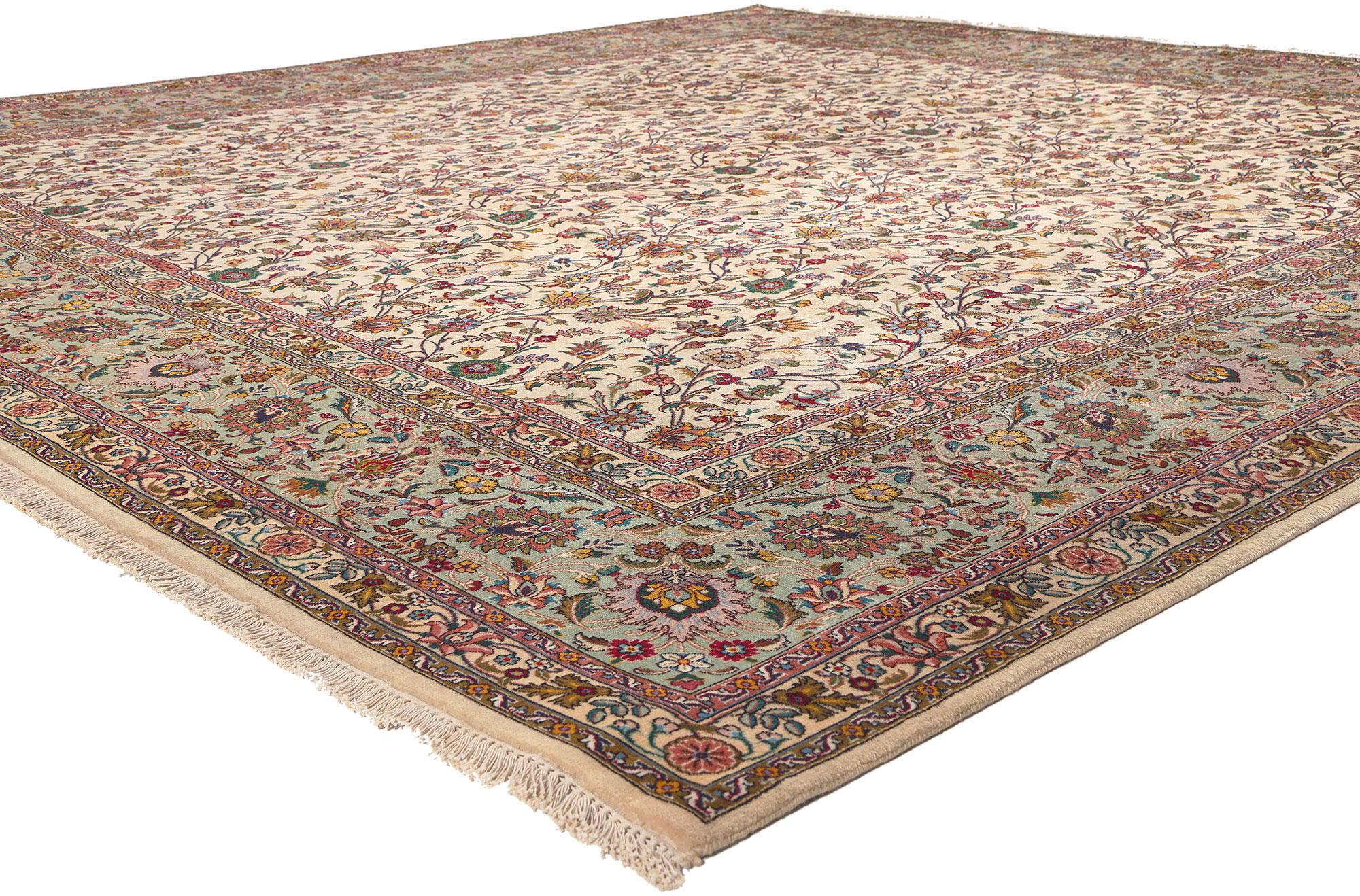 78676 Rare Signed Vintage Ivory Persian Tabriz Rug, 09'09 x 10'00. Woven in the fabled city of Tabriz—where art, poetry, and craftsmanship have intertwined for centuries—this hand-knotted vintage Persian rug is a radiant ode to neoclassical