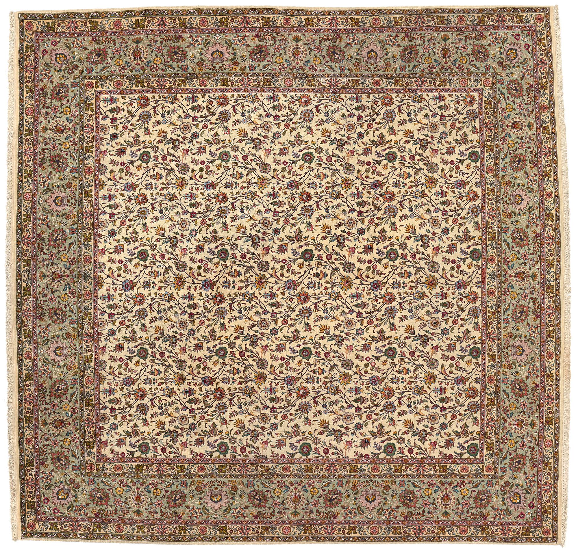 The Neoclassical Bloom: Square Vintage Persian Tabriz Masterpiece of Regal Grace For Sale