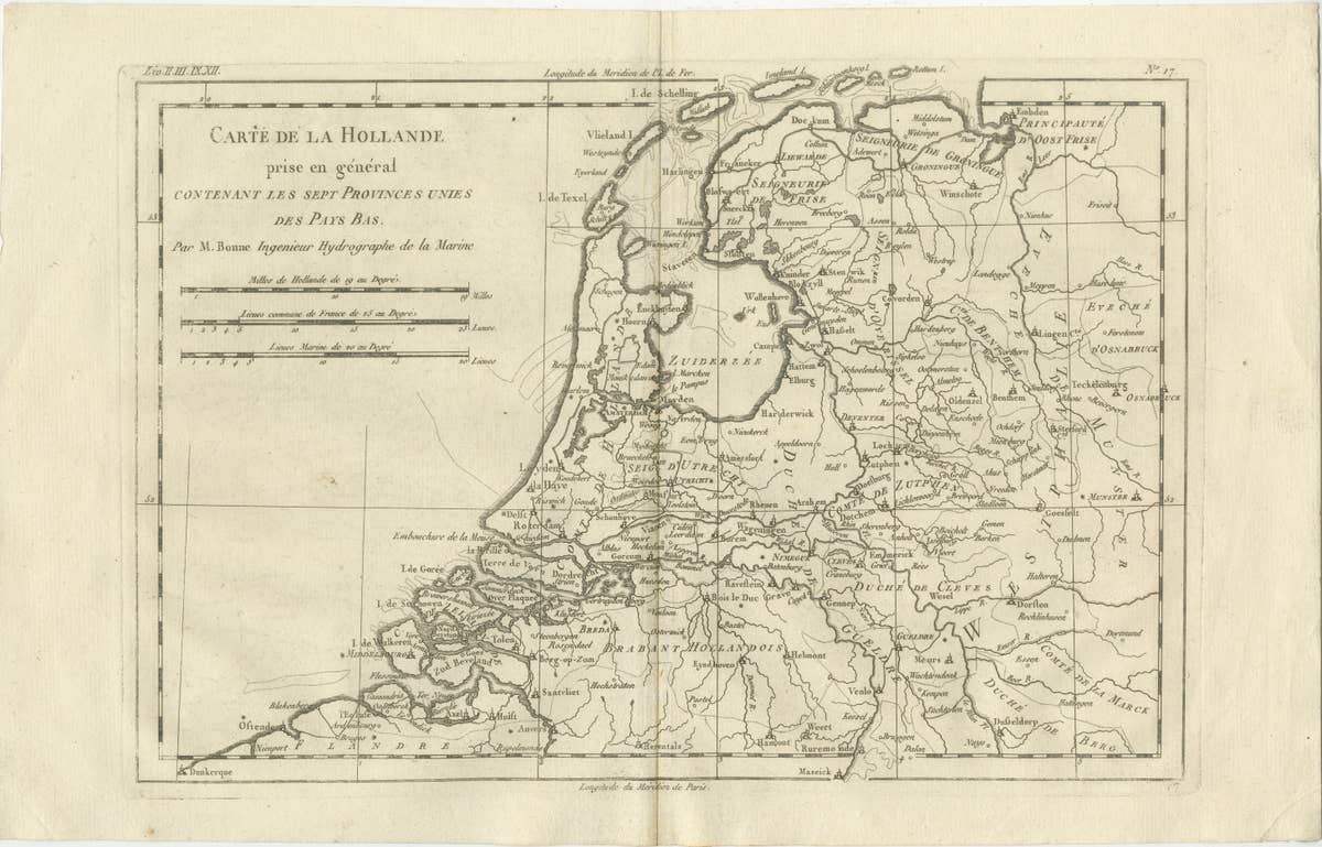 The Netherlands – Seven United Provinces Map, Bonne c1780