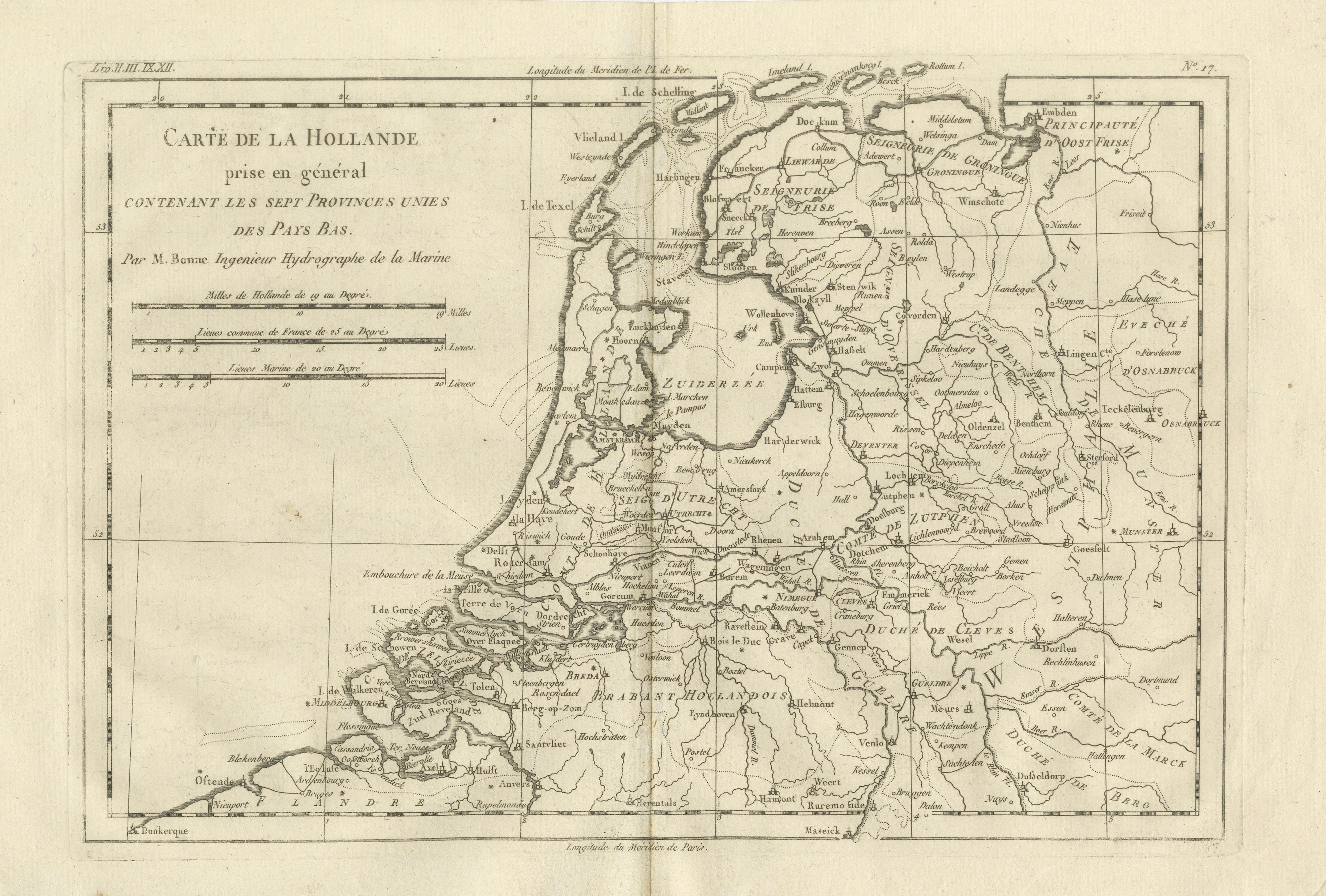 The Netherlands – Seven United Provinces Map, Bonne c1780