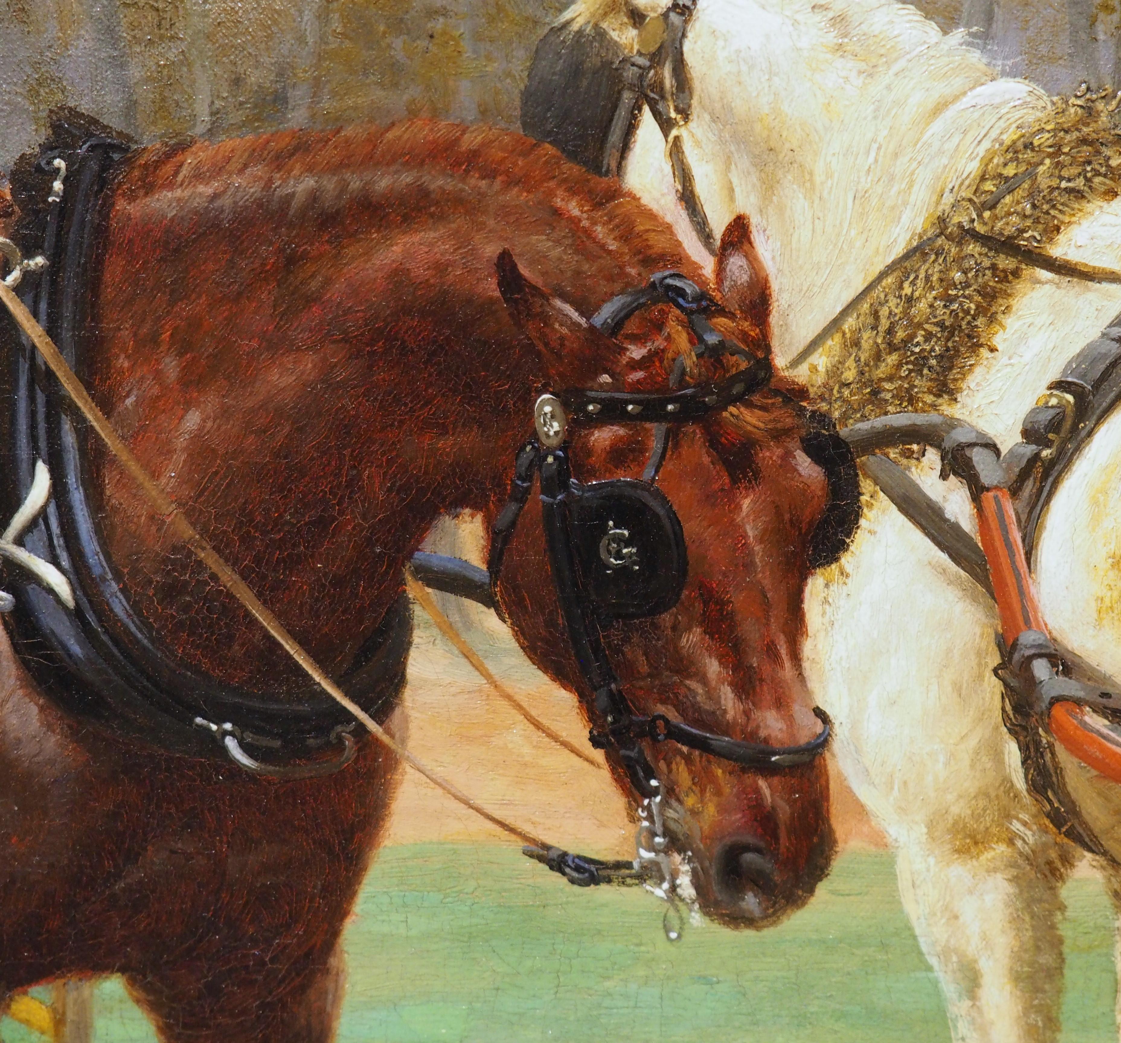 Los caballos nuevos, óleo francés antiguo sobre lienzo de Jean Richard Goubie, París 1883 3
