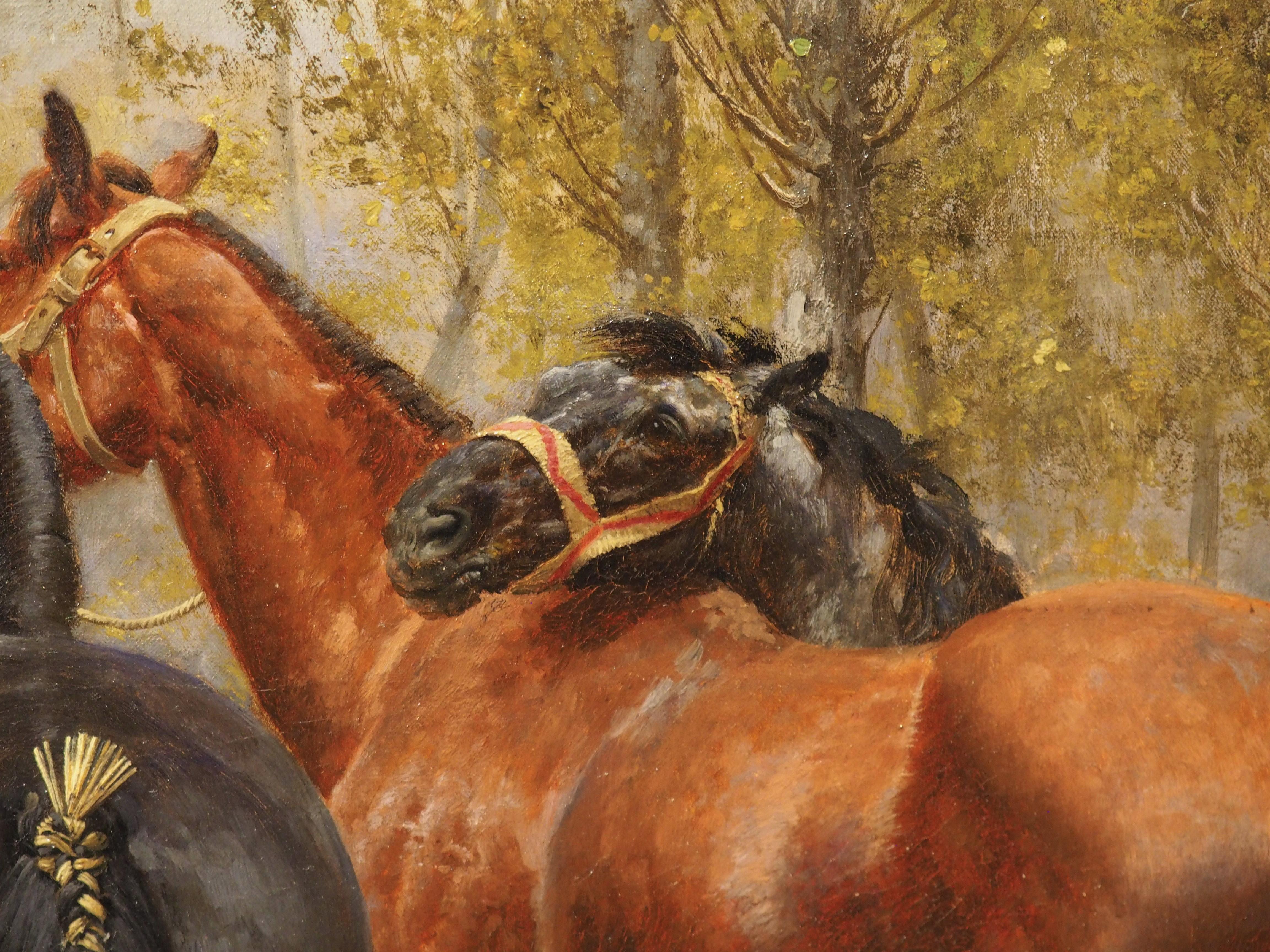 Los caballos nuevos, óleo francés antiguo sobre lienzo de Jean Richard Goubie, París 1883 6