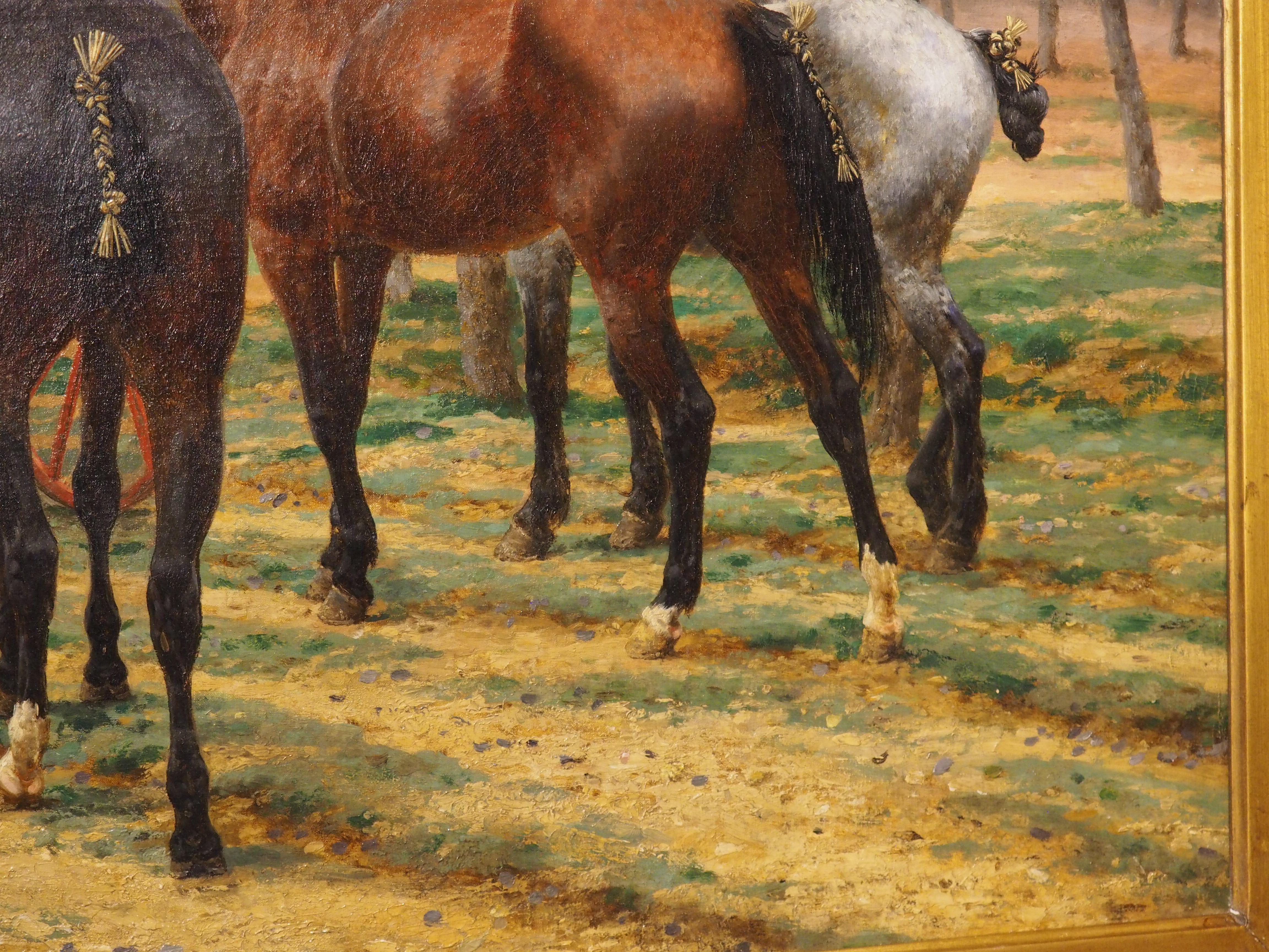Los caballos nuevos, óleo francés antiguo sobre lienzo de Jean Richard Goubie, París 1883 11