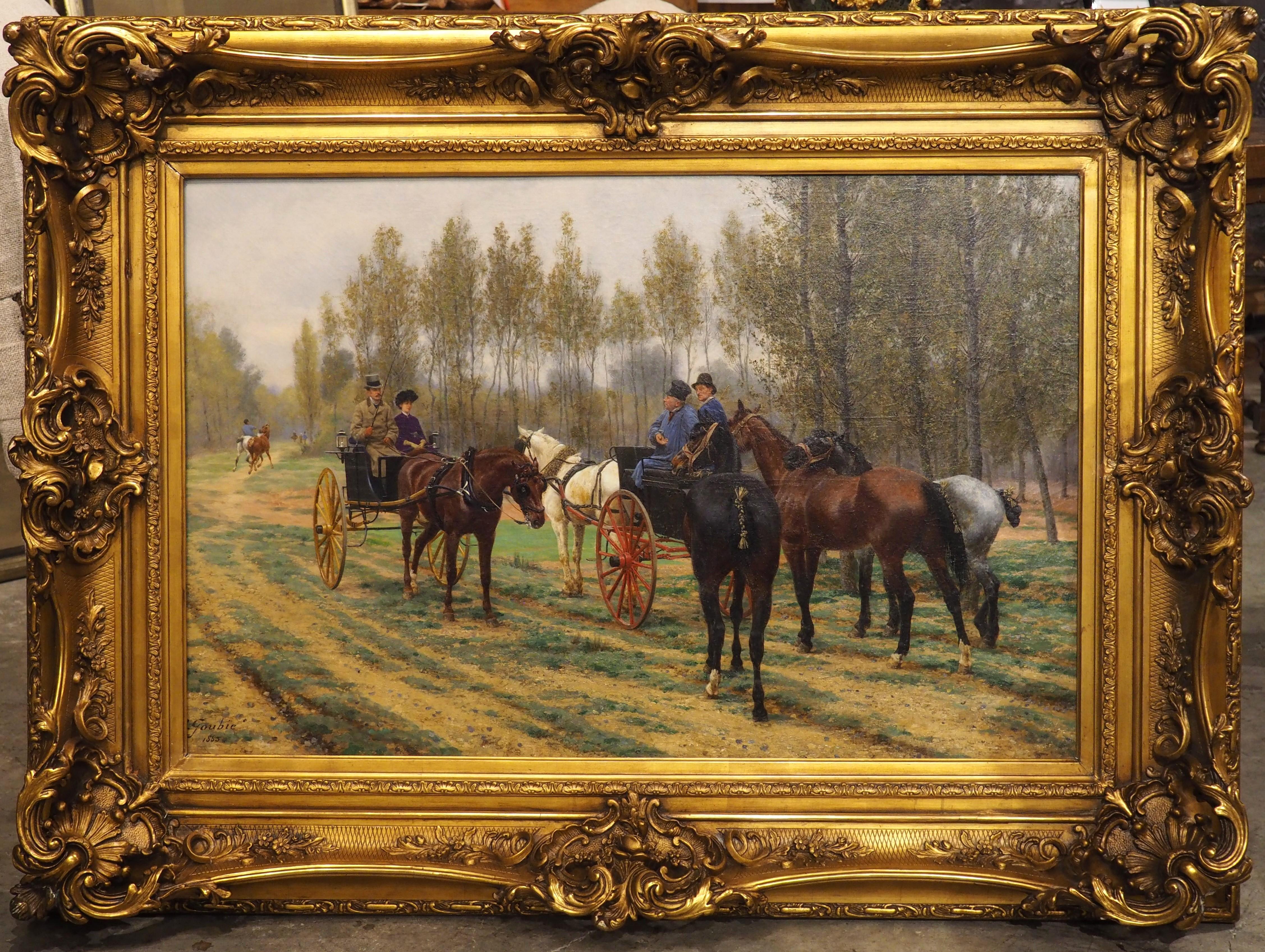 Los caballos nuevos, óleo francés antiguo sobre lienzo de Jean Richard Goubie, París 1883 13