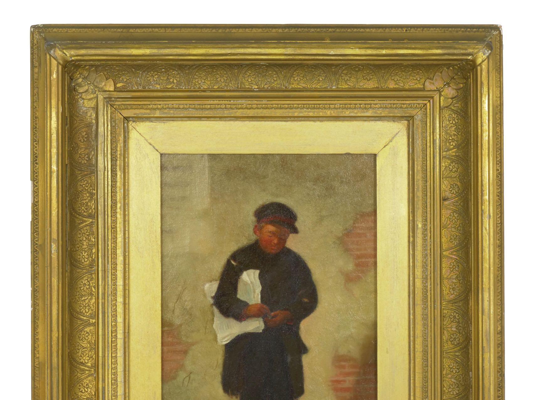 “the Newsboy” Antique Oil Painting by Charles Markham 2