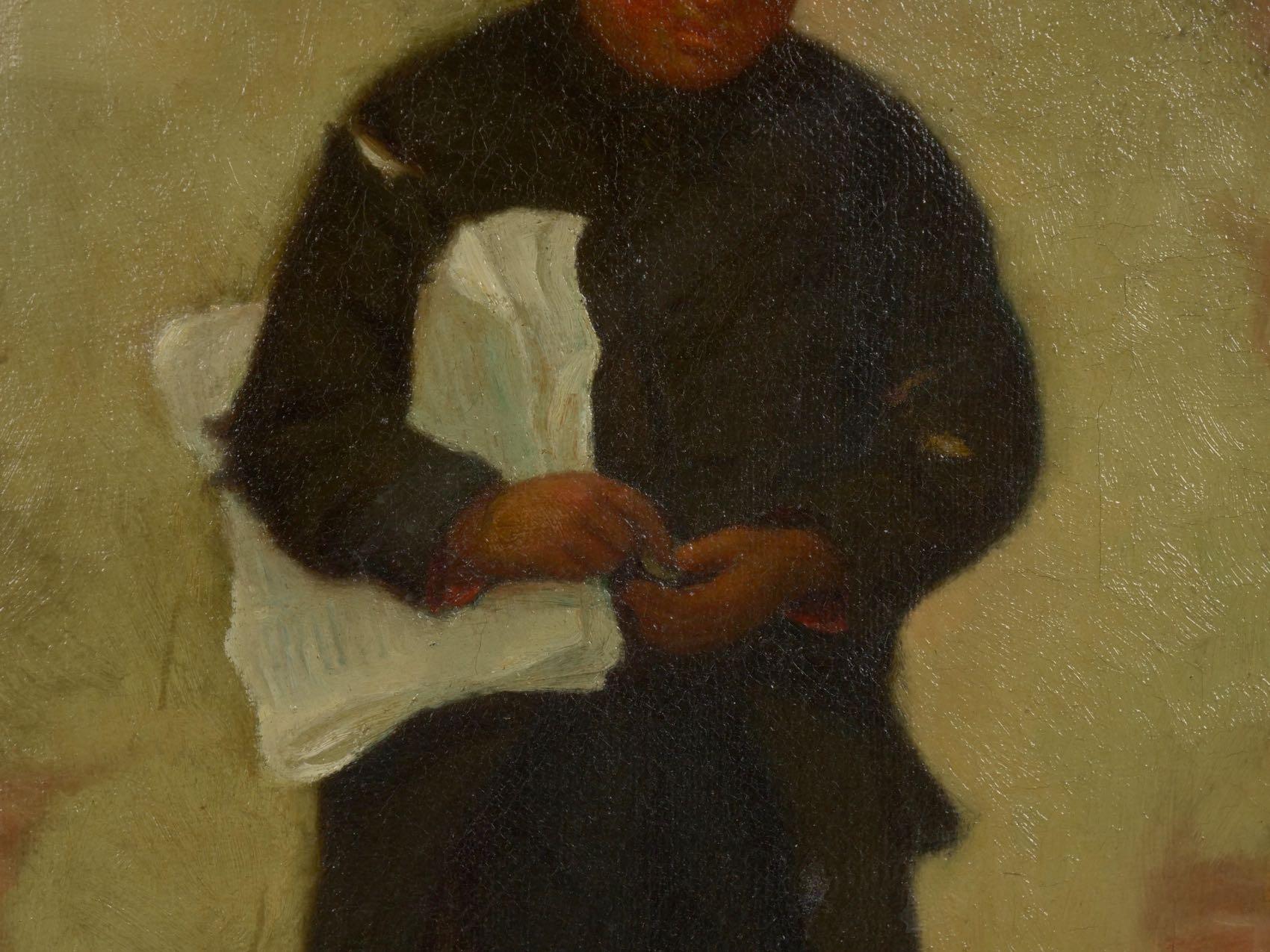 “the Newsboy” Antique Oil Painting by Charles Markham In Good Condition In Shippensburg, PA