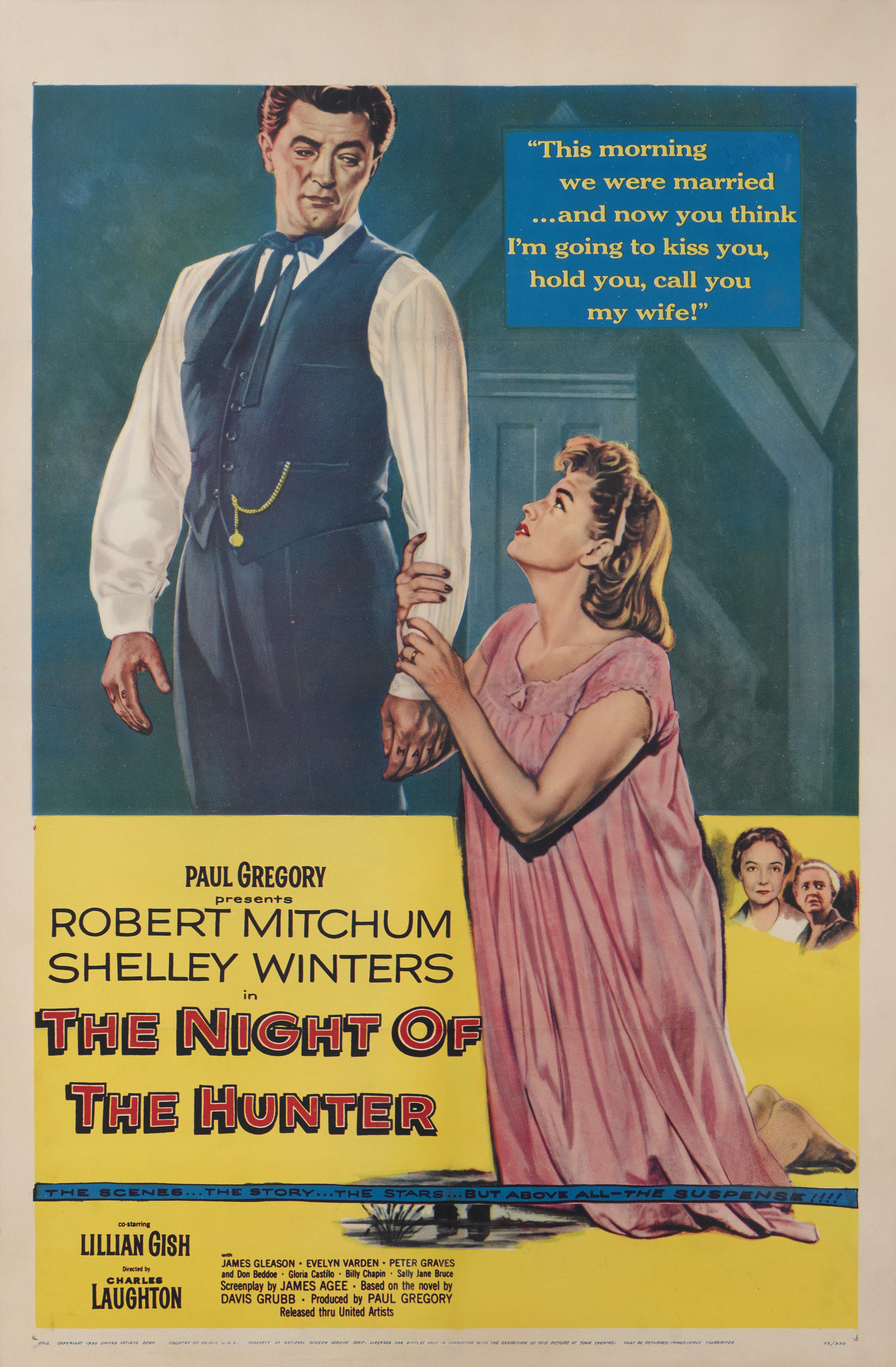 Cartel de cine original de EE.UU. para la película de cine negro de 1955 La noche del cazador.
La película estaba protagonizada por Robert Mitchum, Shelley Winters y dirigida por Charles Lamont. Mitchum realiza una de las mejores interpretaciones de
