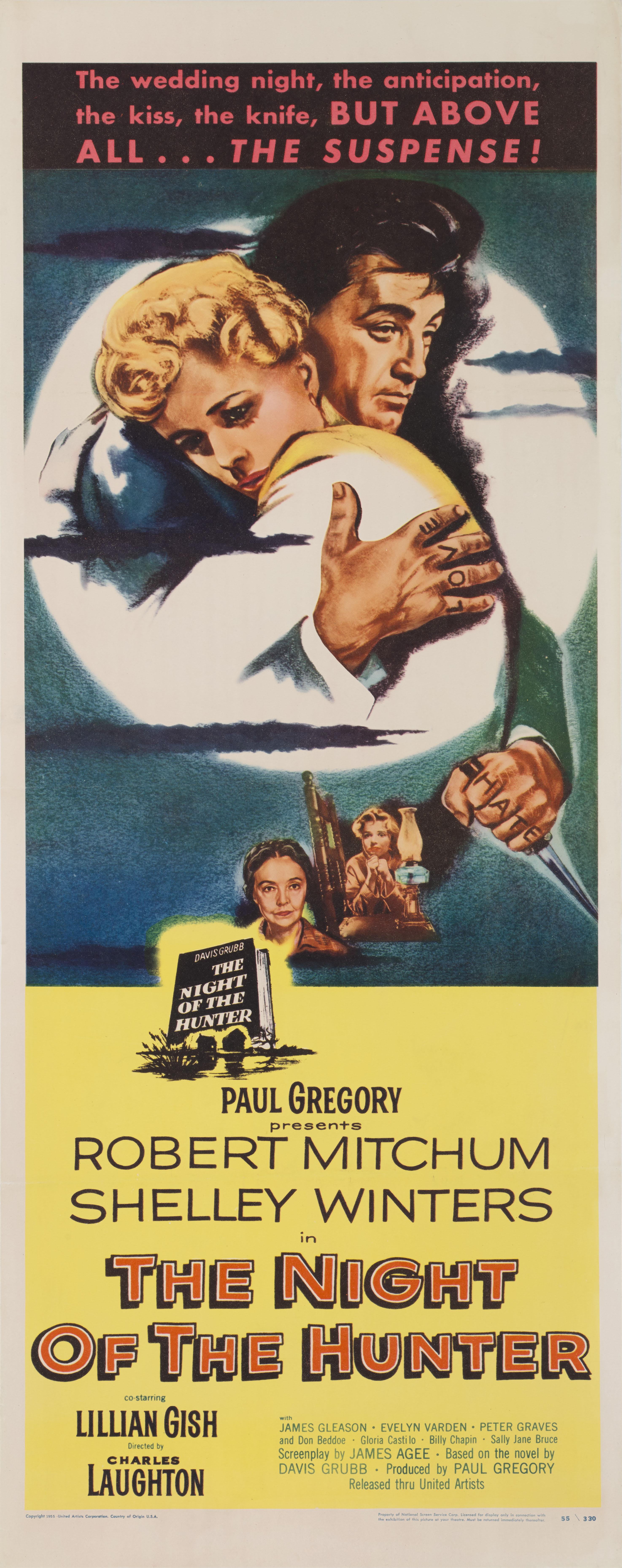Original US film poster for the 1955 Film Noir The Night of the Hunter.
The film starred Robert Mitchum, Shelley Winters and was directed by Charles Lamont. Mitchum gives on of the greatest acting performance in this film. This poster is