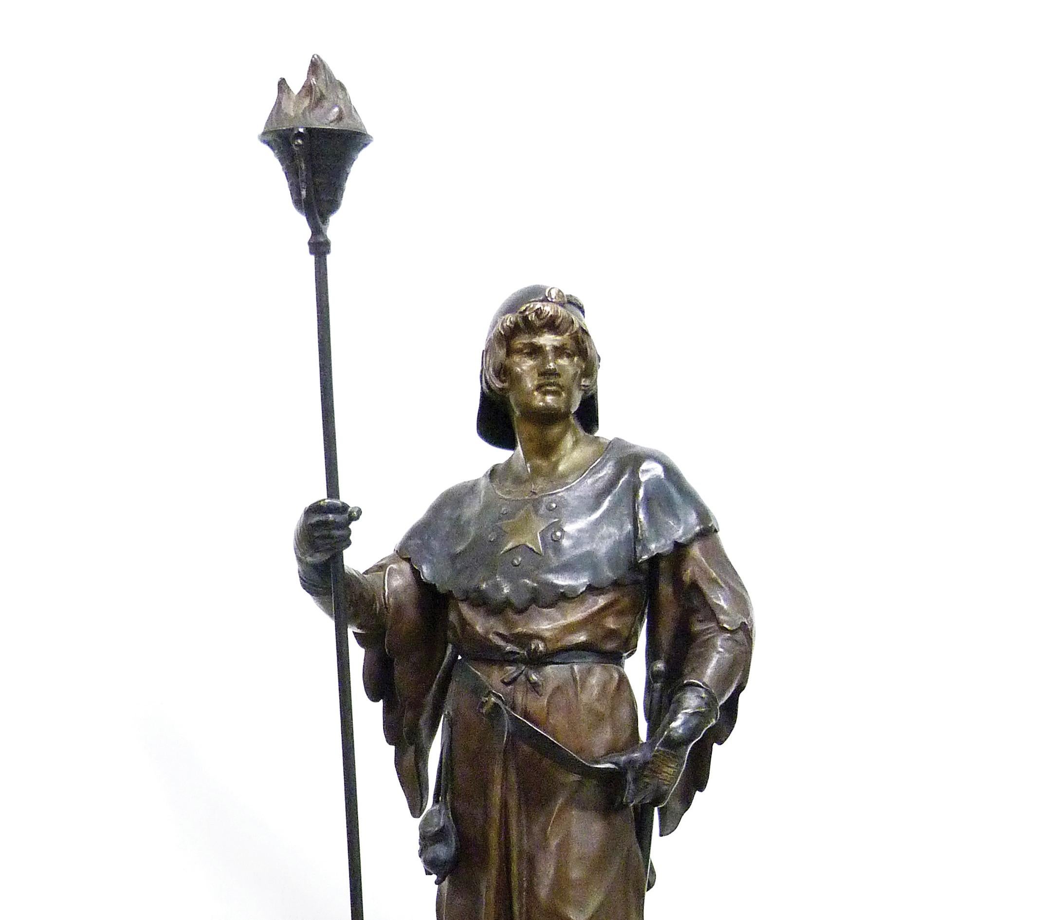 Massive polychrom bronze sculpture representing a night watchmen of Middle Age, with a serious and determined look. This sculpture is an allegory of bravery. When night fell, during curfew, only the night watchman was allowed to wander in the