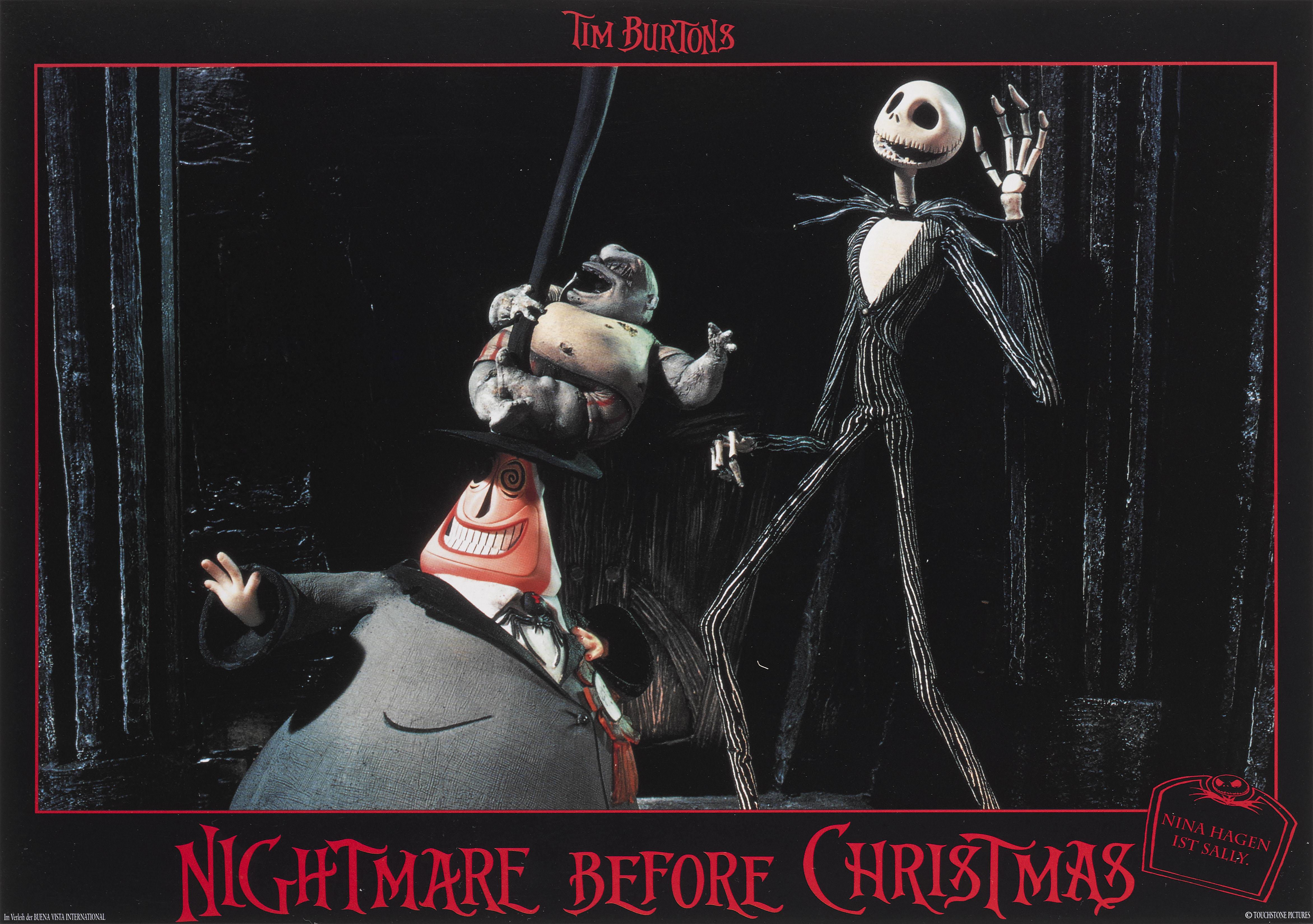 Original German lobby card for the 1993 fantasy animation The Nightmare Before Christmas. This film was directed by Henry Selick  and Tim Buton was one of the writers on the film. 
The piece is conservation framed with UV plexiglass in a Tulip wood