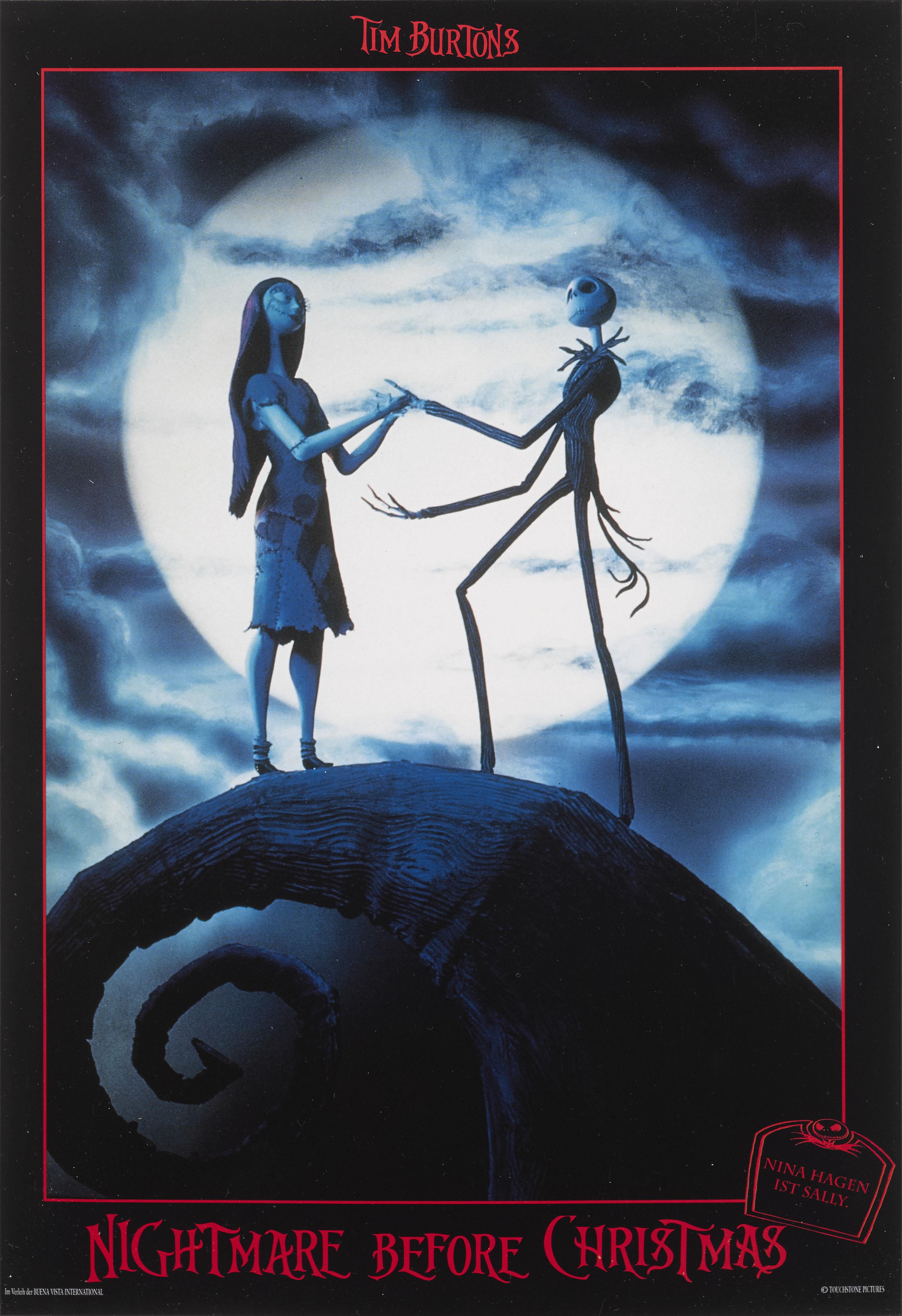 Originale deutsche Lobbykarte für den Fantasy-Animationsfilm The Nightmare Before Christmas von 1993. Regie bei diesem Film führte Henry Selick  und Tim Buton war einer der Drehbuchautoren des Films. 
Das Werk ist mit UV-Plexiglas in einem