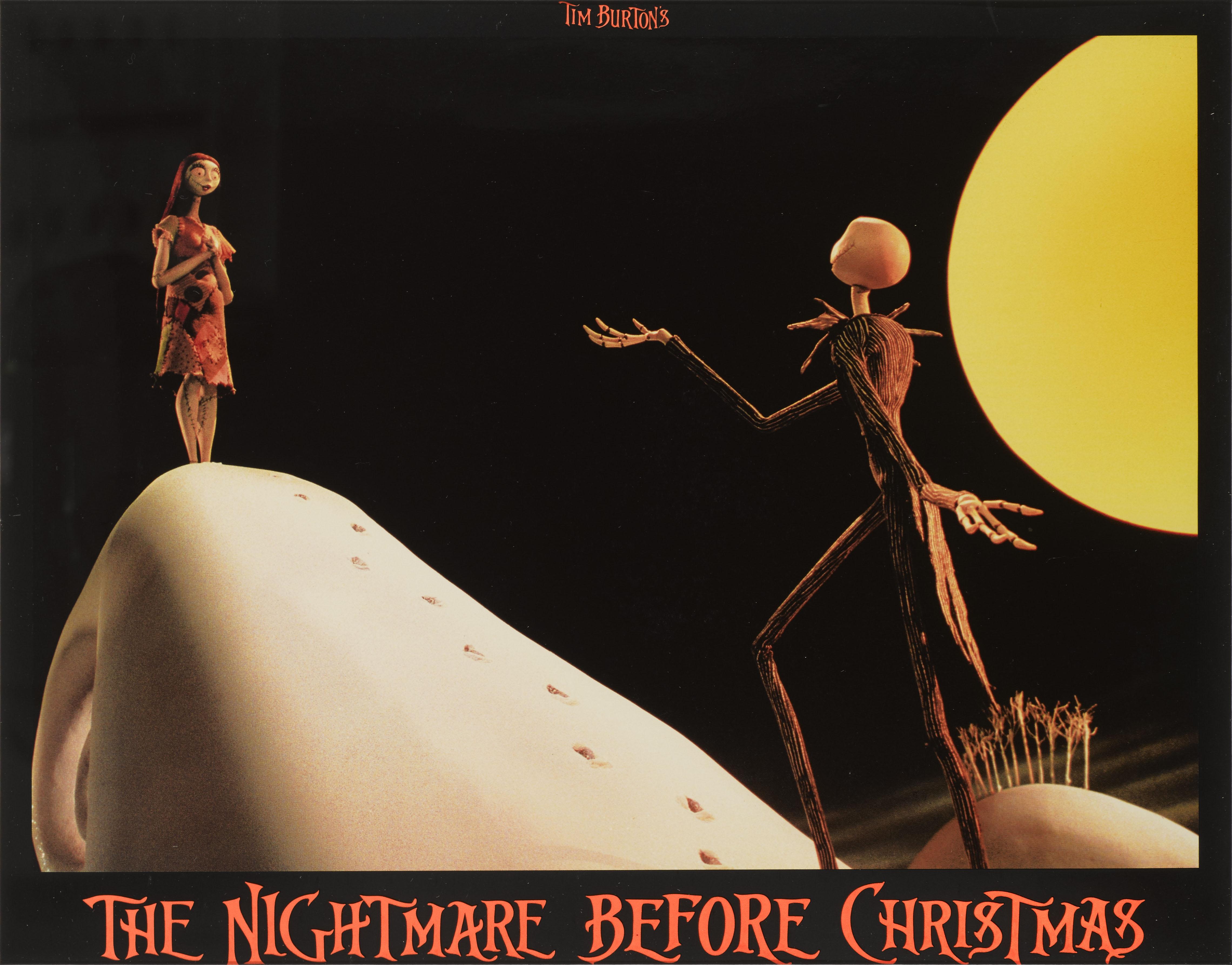 Original US lobby card for the 1993 fantasy animation The Nightmare Before Christmas. This film was directed by Henry Selick and Tim Buton was one of the writers on the film. 
The piece is conservation framed with UV plexiglass in a Tulip wood frame