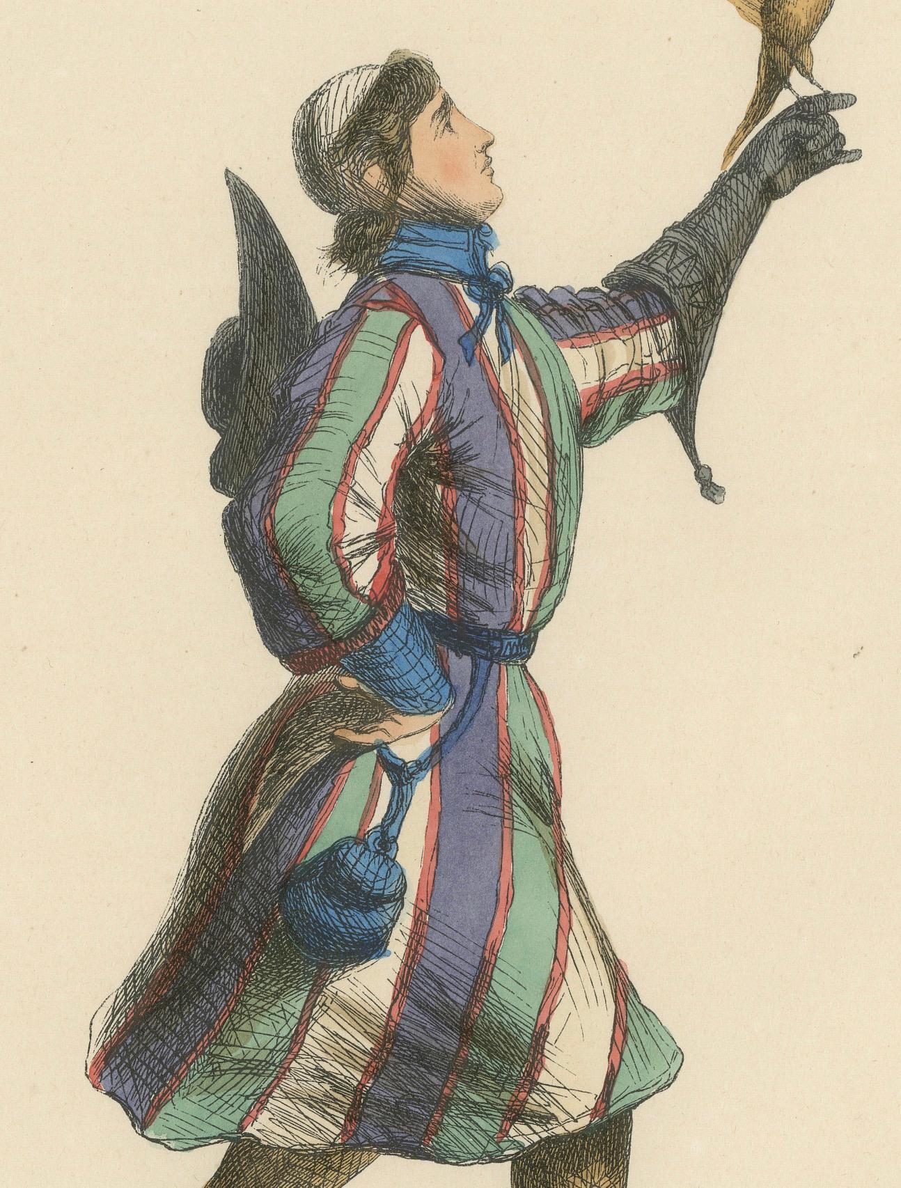 The Noble Sport: A German Falconer in 'Costume du Moyen Âge, 1847 In Good Condition For Sale In Langweer, NL