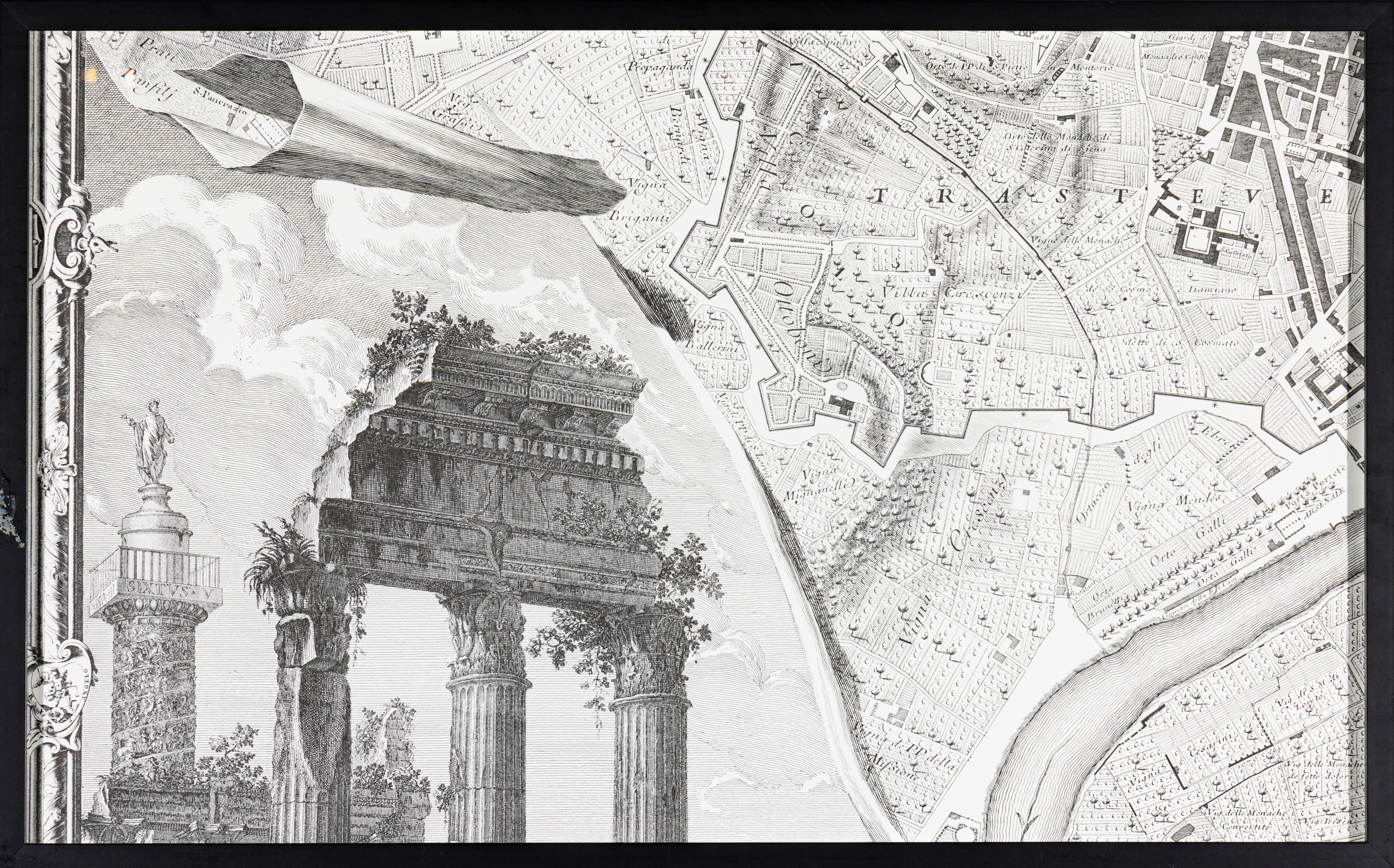 Glass The NOLLI MAP of ROME of 1748 in FACSIMILE Custom Framed