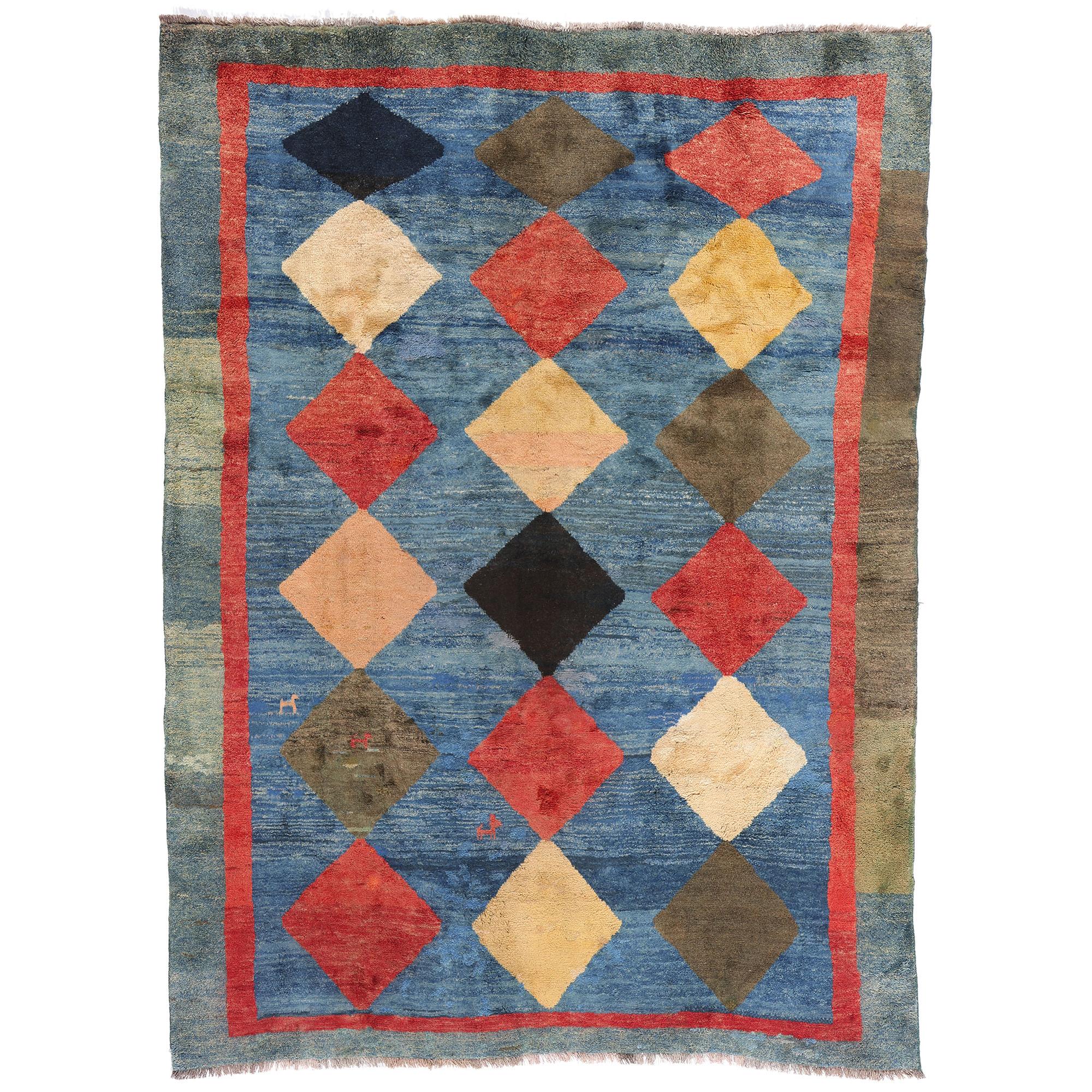 Los diamantes del nómada: Una obra maestra del Gabbeh Persa Vintage de elegancia modernista en venta