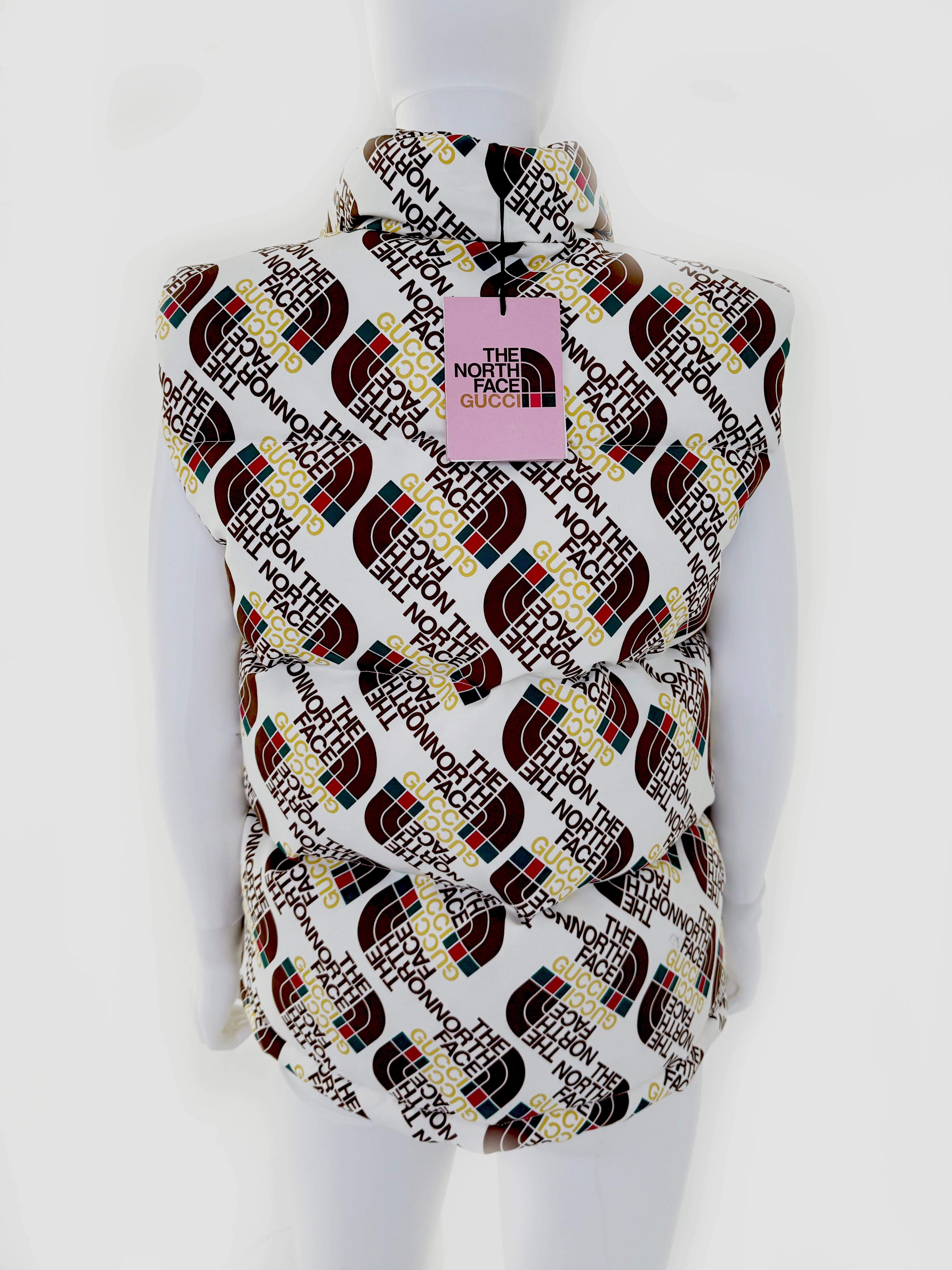 Women's or Men's The North Face FACE X Gucci 2021 Logo Printed  Puffer Vest Size M For Sale
