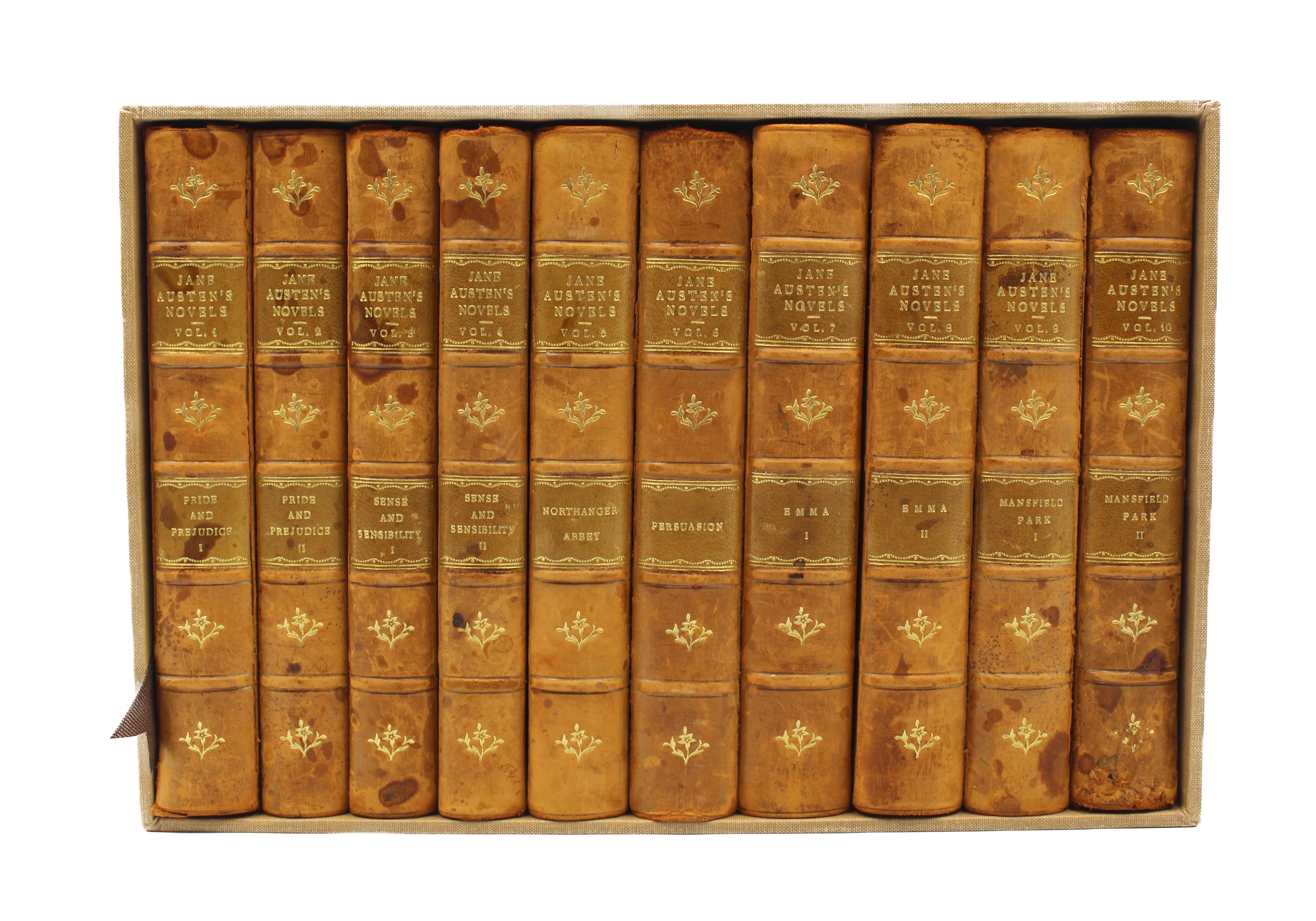 Austen, Jane. The Novels of Jane Austen. London: Chatto & Windus, 1908-1909. 10 volume set. Introduction by R. Brimley Johnson. Illustrated with color plates by Arthur Wallis Mills. Octavo. In period half leather boards, raised bands, gilt titles,