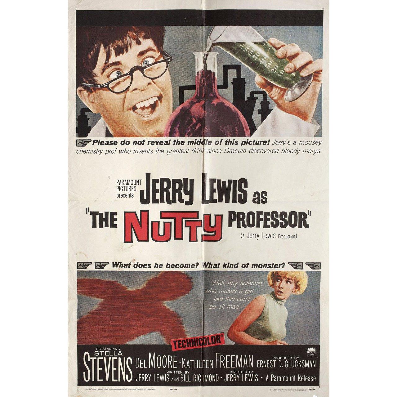 Original 1963 U.S. one sheet poster for the film “The Nutty Professor” directed by Jerry Lewis with Jerry Lewis / Stella Stevens / Del Moore / Kathleen Freeman. Good condition, folded with stains. Many original posters were issued folded or were
