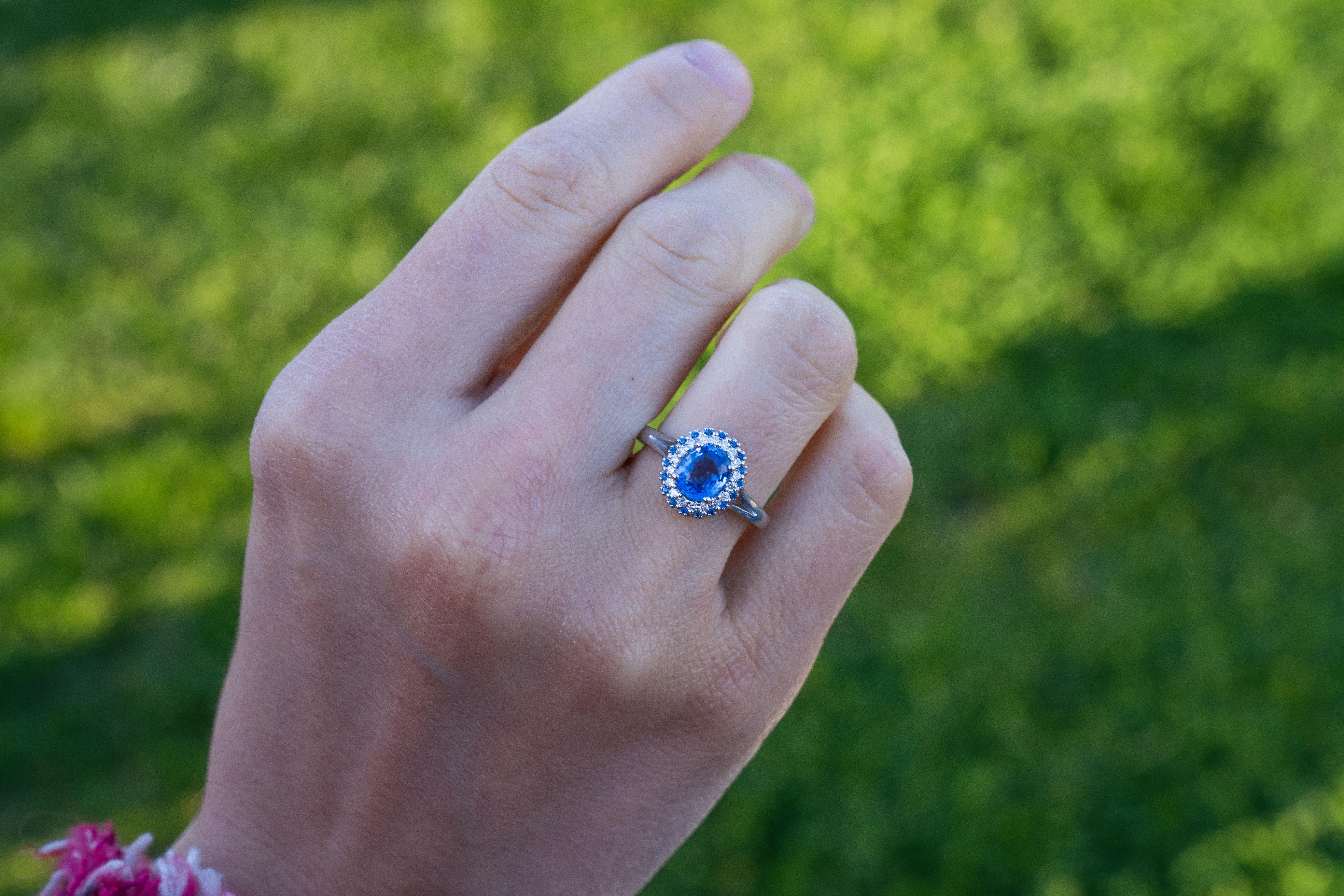 For Sale:  The Ocean Sapphire And Diamond Halo Engagement Ring 2