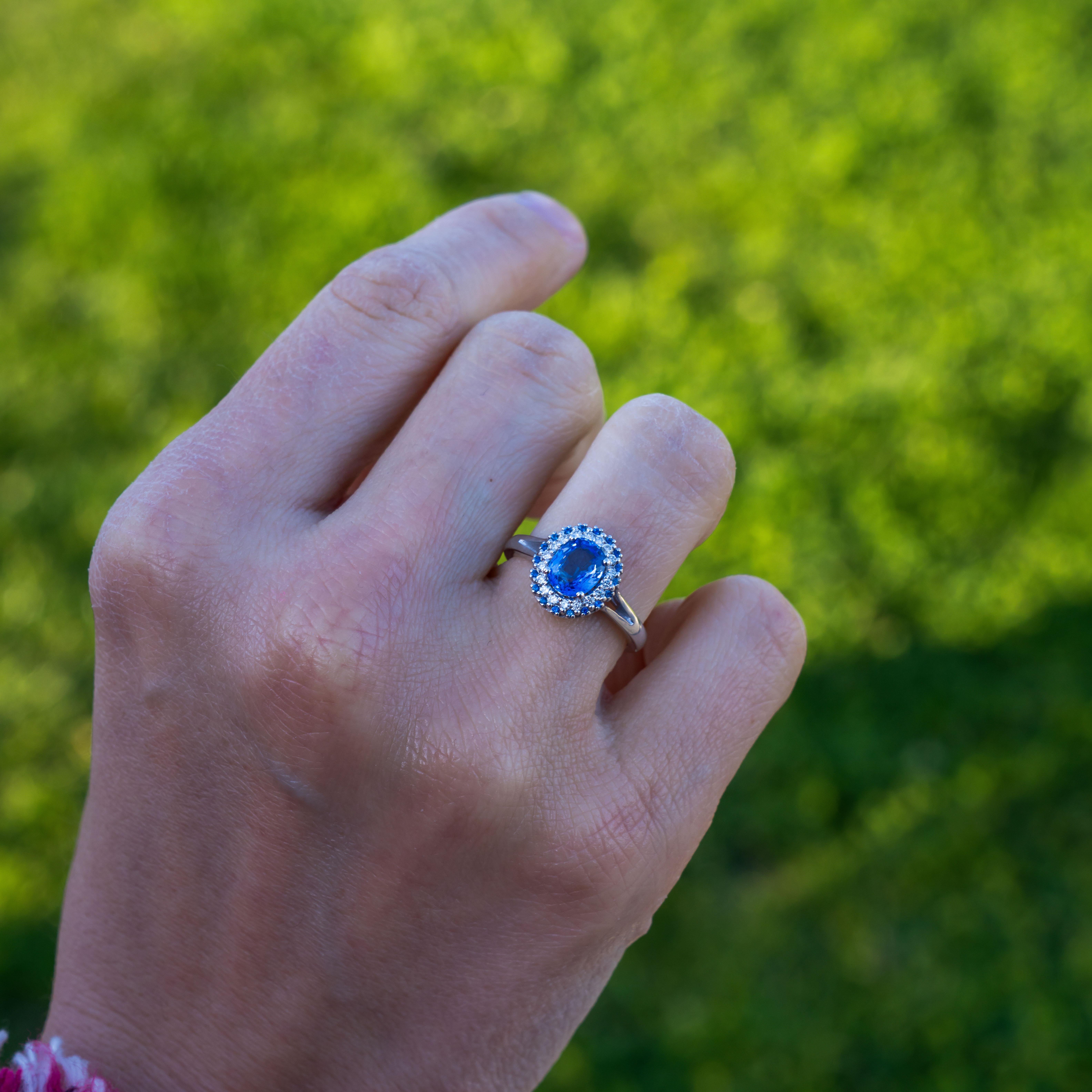 For Sale:  The Ocean Sapphire And Diamond Halo Engagement Ring 5