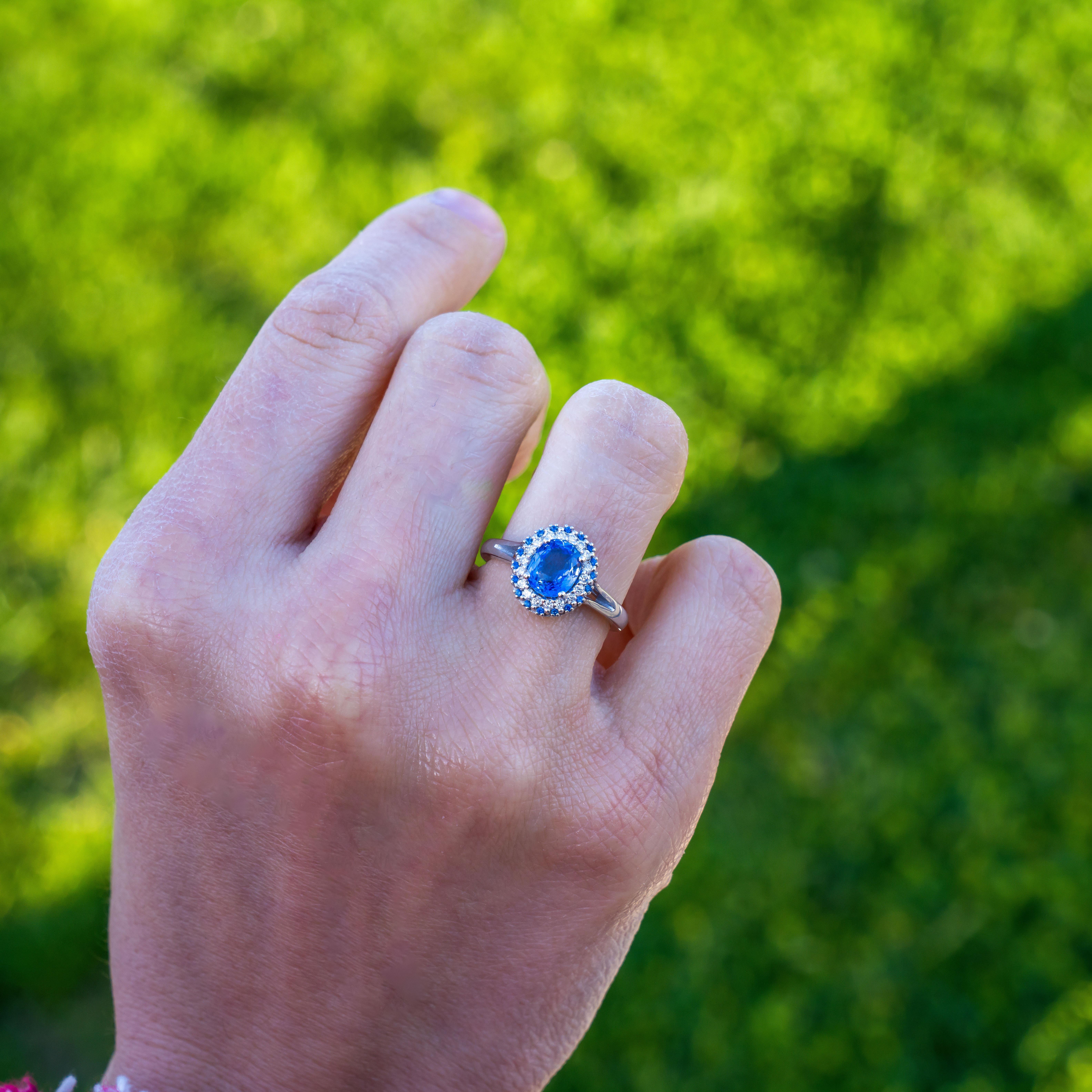 For Sale:  The Ocean Sapphire And Diamond Halo Engagement Ring 7
