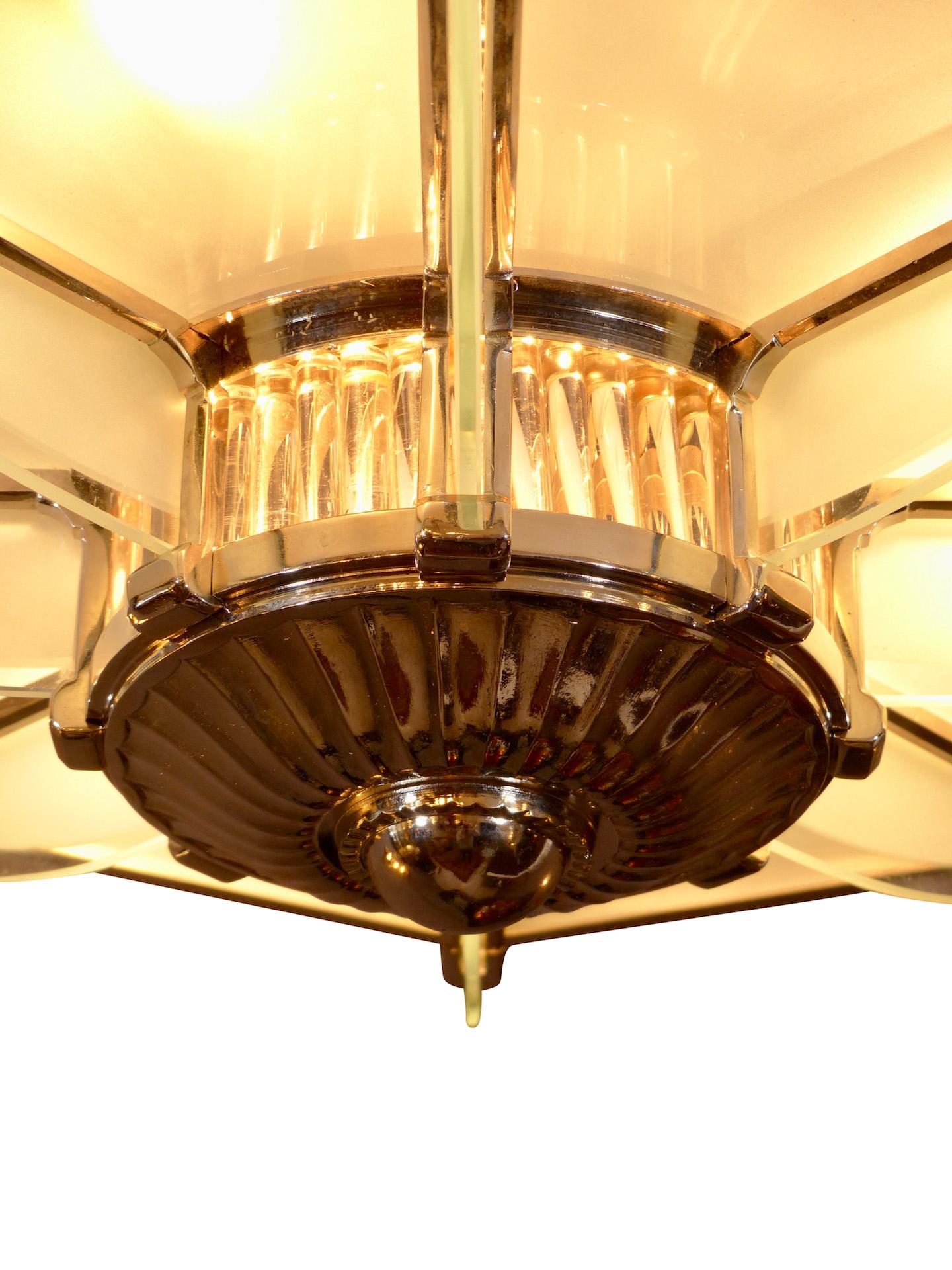Octagonal Nickeled Art Deco Ceiling Lamp from Petitot, France, 1930s  In Good Condition For Sale In Baden-Baden, Baden-Württemberg