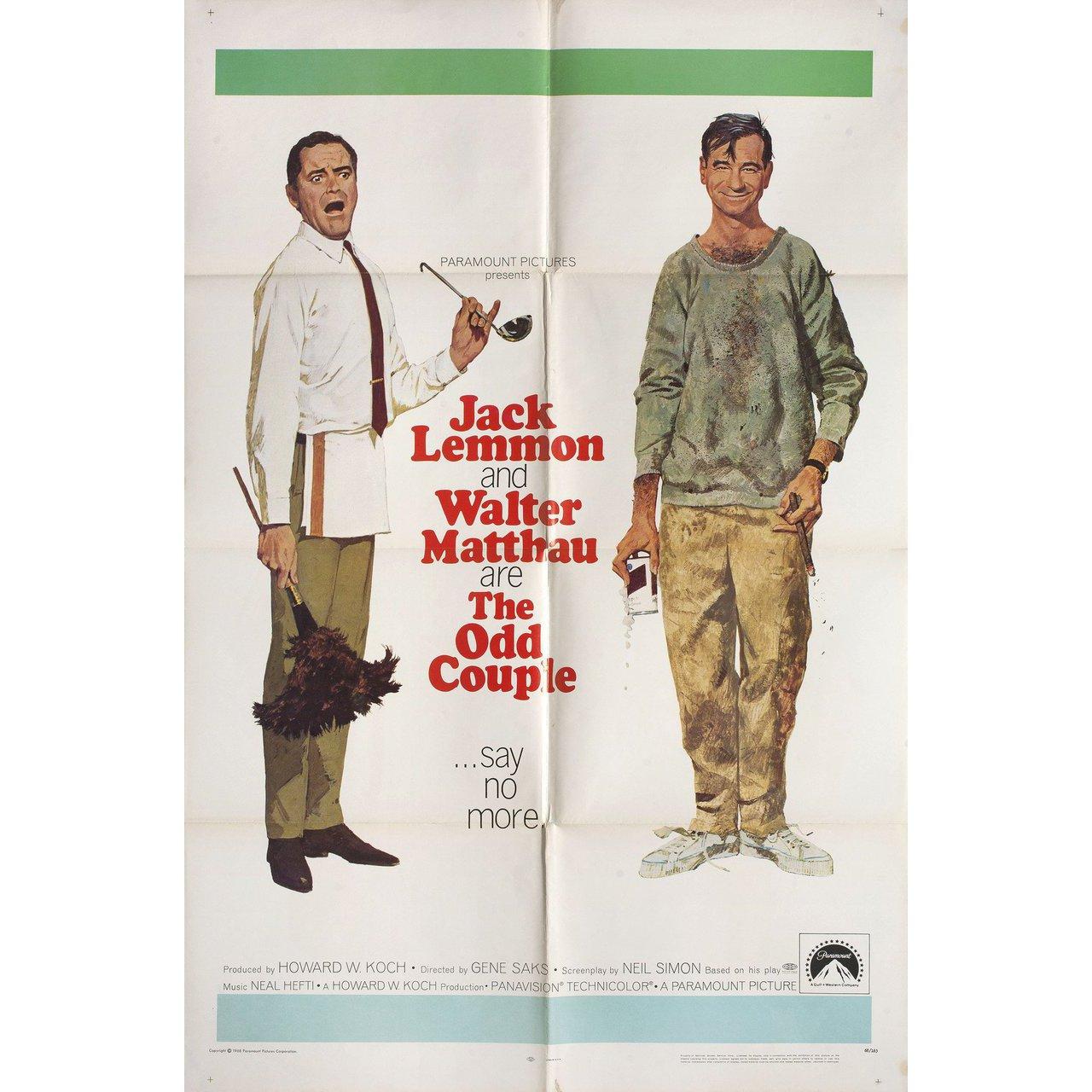 Original 1968 U.S. one sheet poster by Robert McGinnis for the film The Odd Couple directed by Gene Saks with Jack Lemmon / Walter Matthau / John Fiedler / Herb Edelman. Very good-fine condition, folded. Many original posters were issued folded or