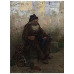 "The Old Beggar" '1883' American Antique Oil Painting by Frank Penfold