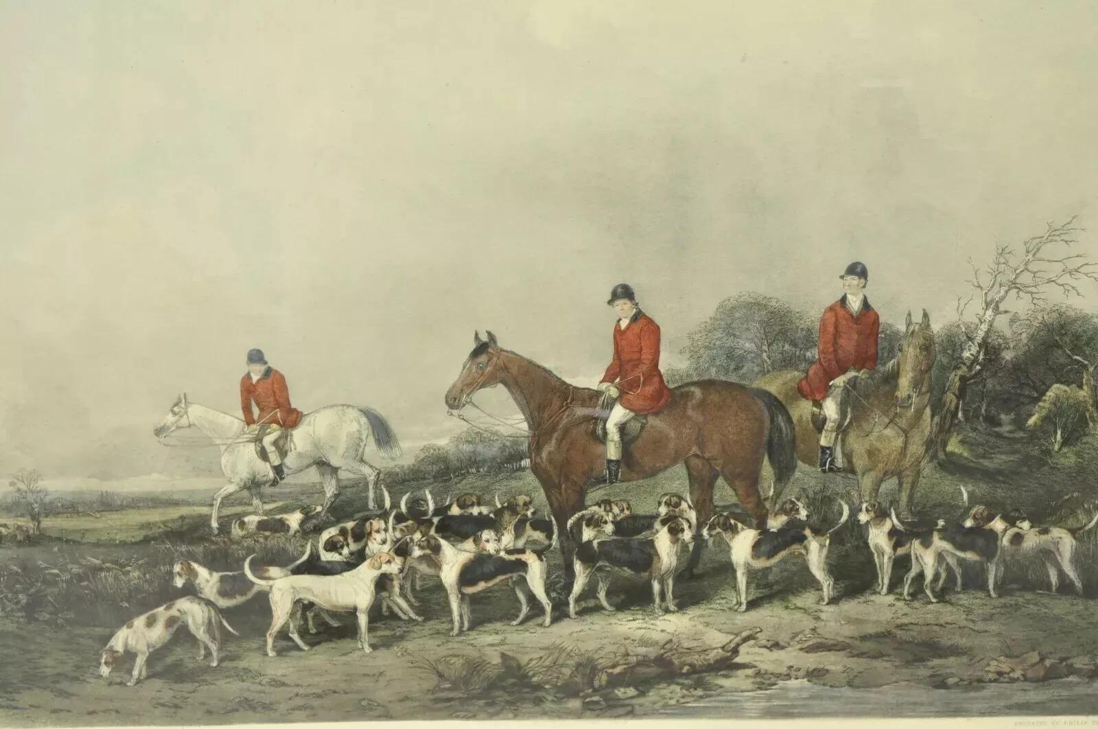The Old Berkshire Hunt Lithograph Engraved Framed Print Painting by John Goode. Item features a distressed gold finish wooden frame and glass front. Circa Early 20th Century. Measurements: 31.5