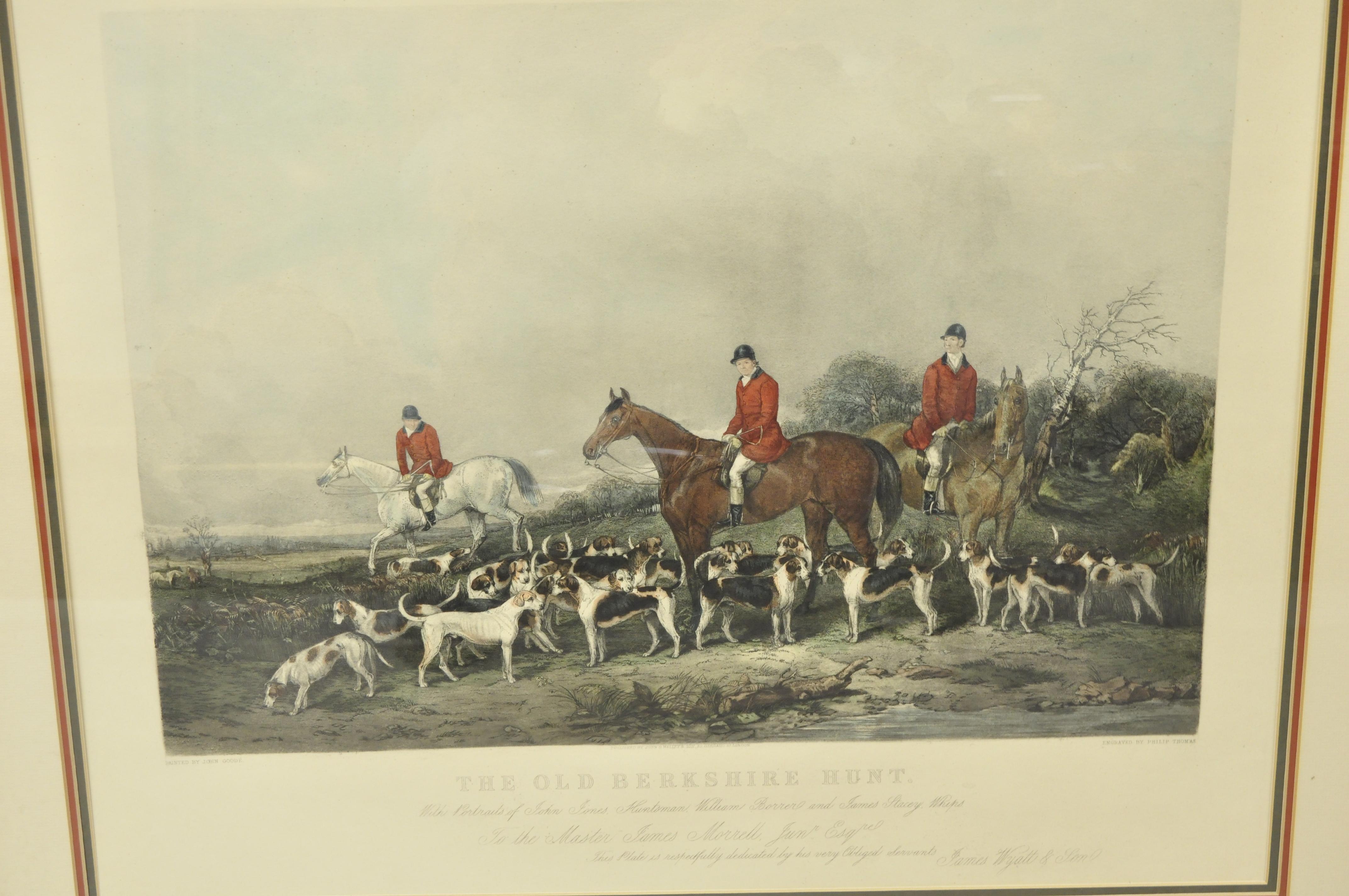 The Old Berkshire hunt framed lithograph print painting by John Goode Engraved Philip Thomas. Item features distressed gold finish wooden frame, glass front. Lithograph print believed to be early 1900s. Measurements: 31.5