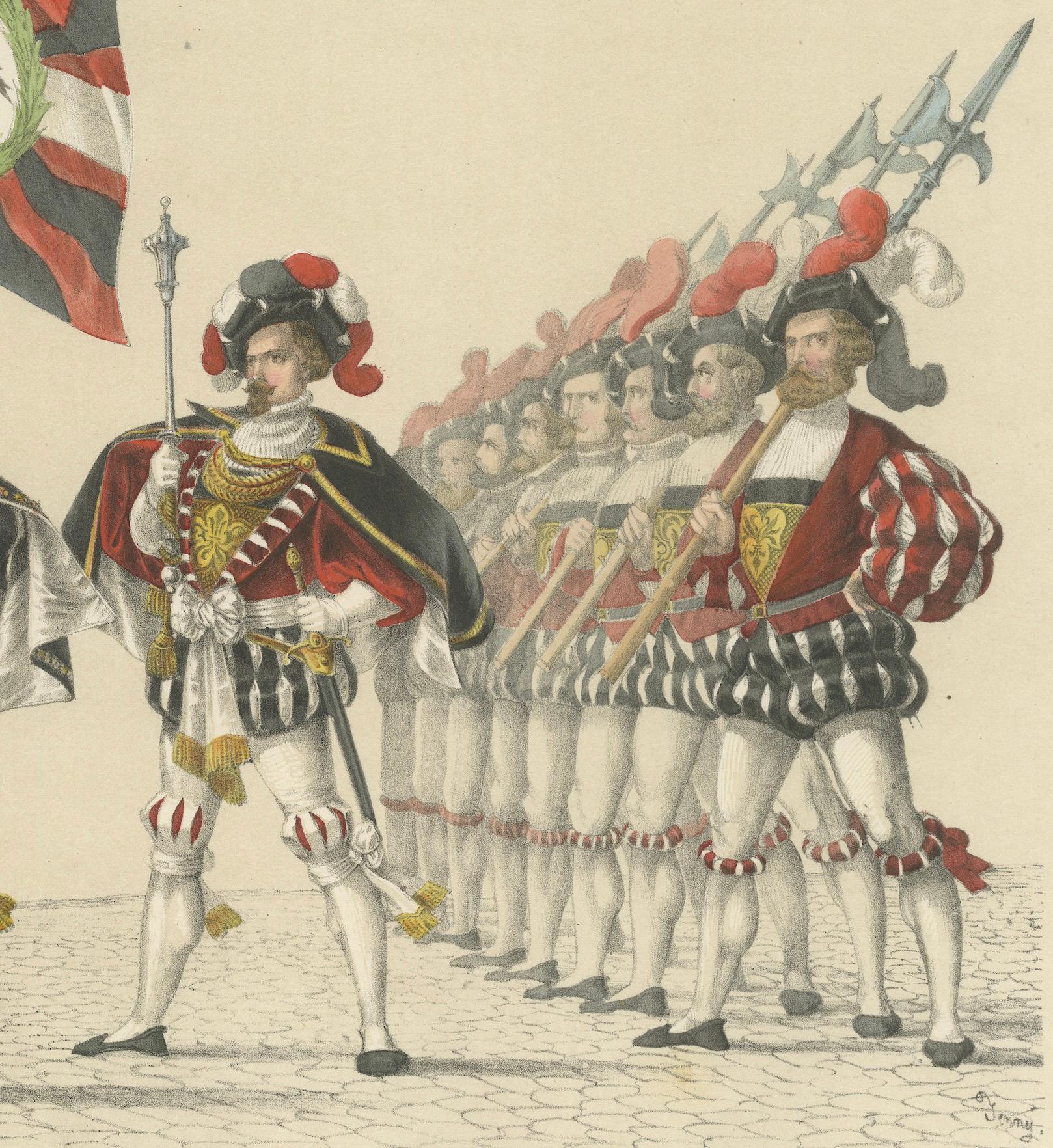 Titel:  Die alten Berner Fahnen - Ein prächtiger Zug von Rittern und Ehrengarde  

Beschreibung:  Diese prächtige handkolorierte Lithographie ist Teil des 