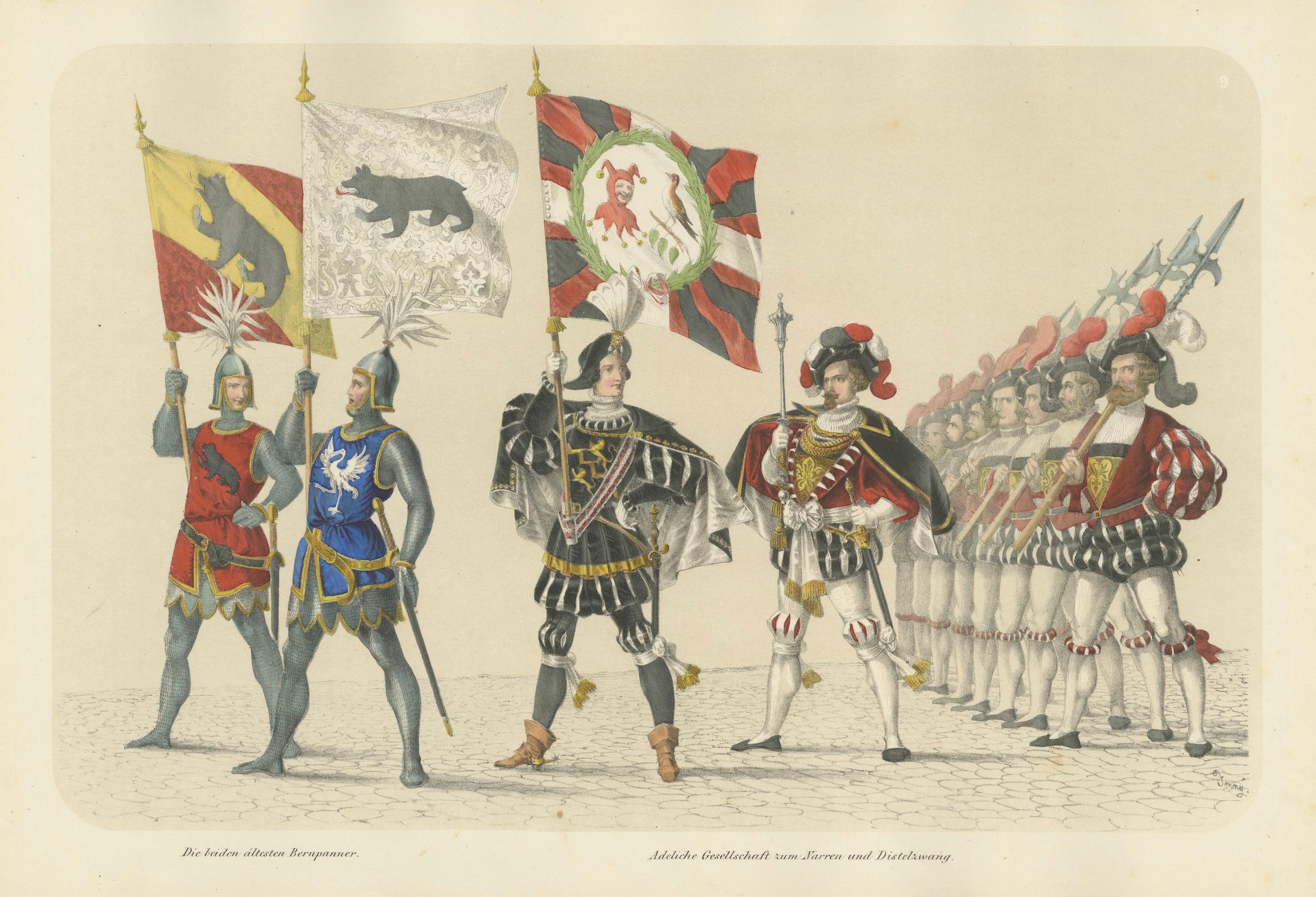The Old Bernese Banners - Eine prächtige Prozession von Rittern und Honor Guards, 1855 (Papier) im Angebot